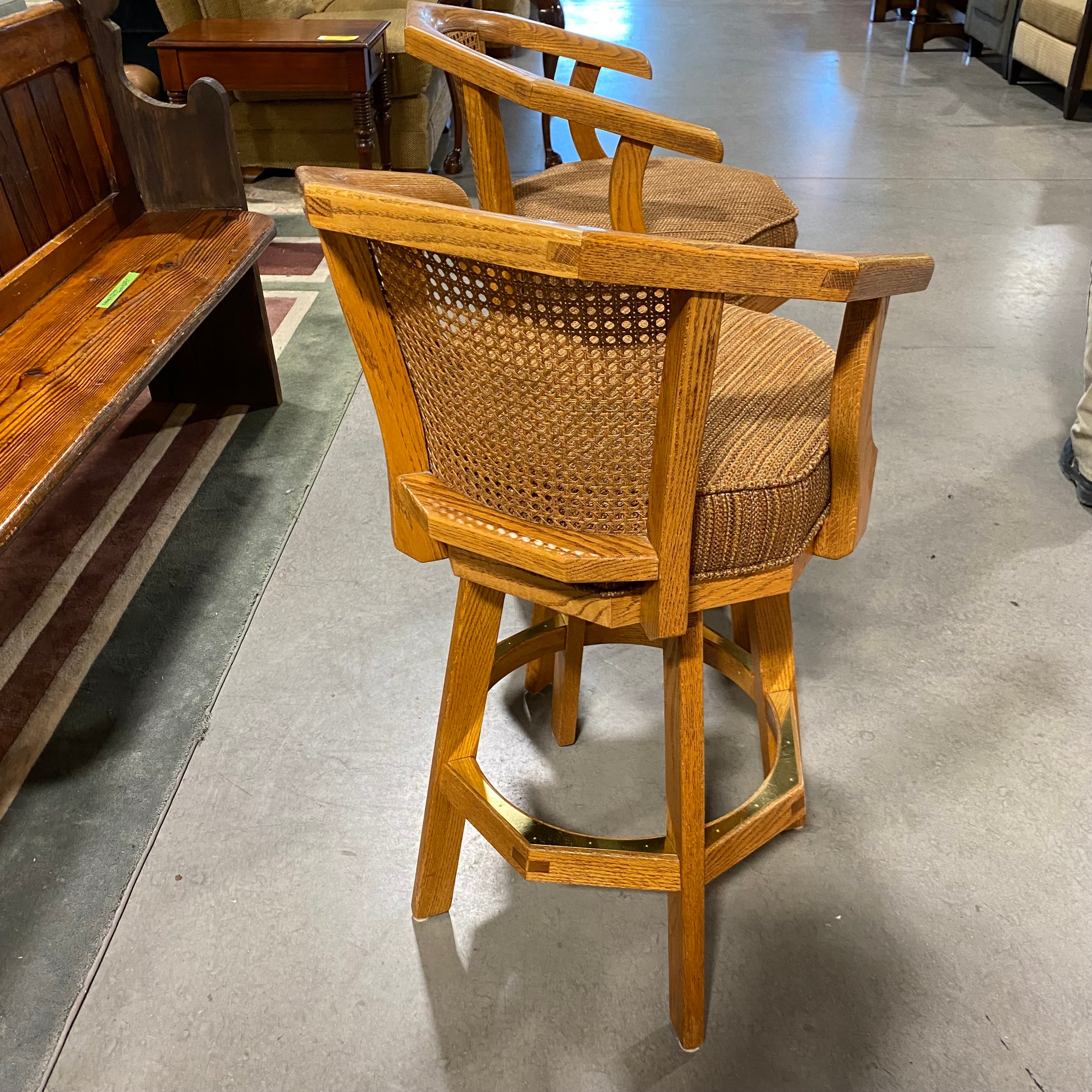 SET of 2 Solid Wood Brass Accents Rust/Gold Upholstered Seat Caned Back Bar Stools 22.5"x 21"x 40"