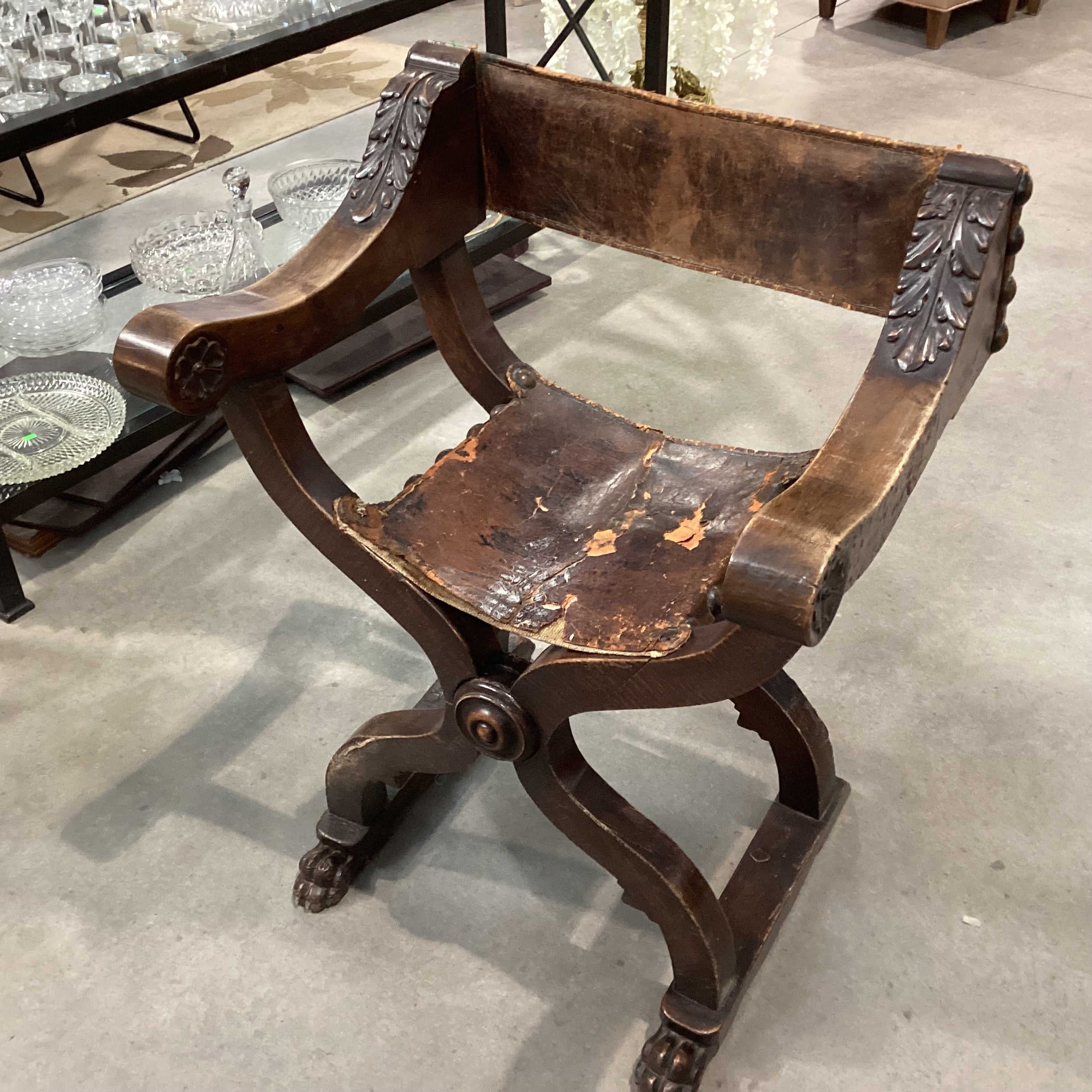 Antique Dantesque Carved Walnut & Leather Chair 27.5"x 20"x 35.5"