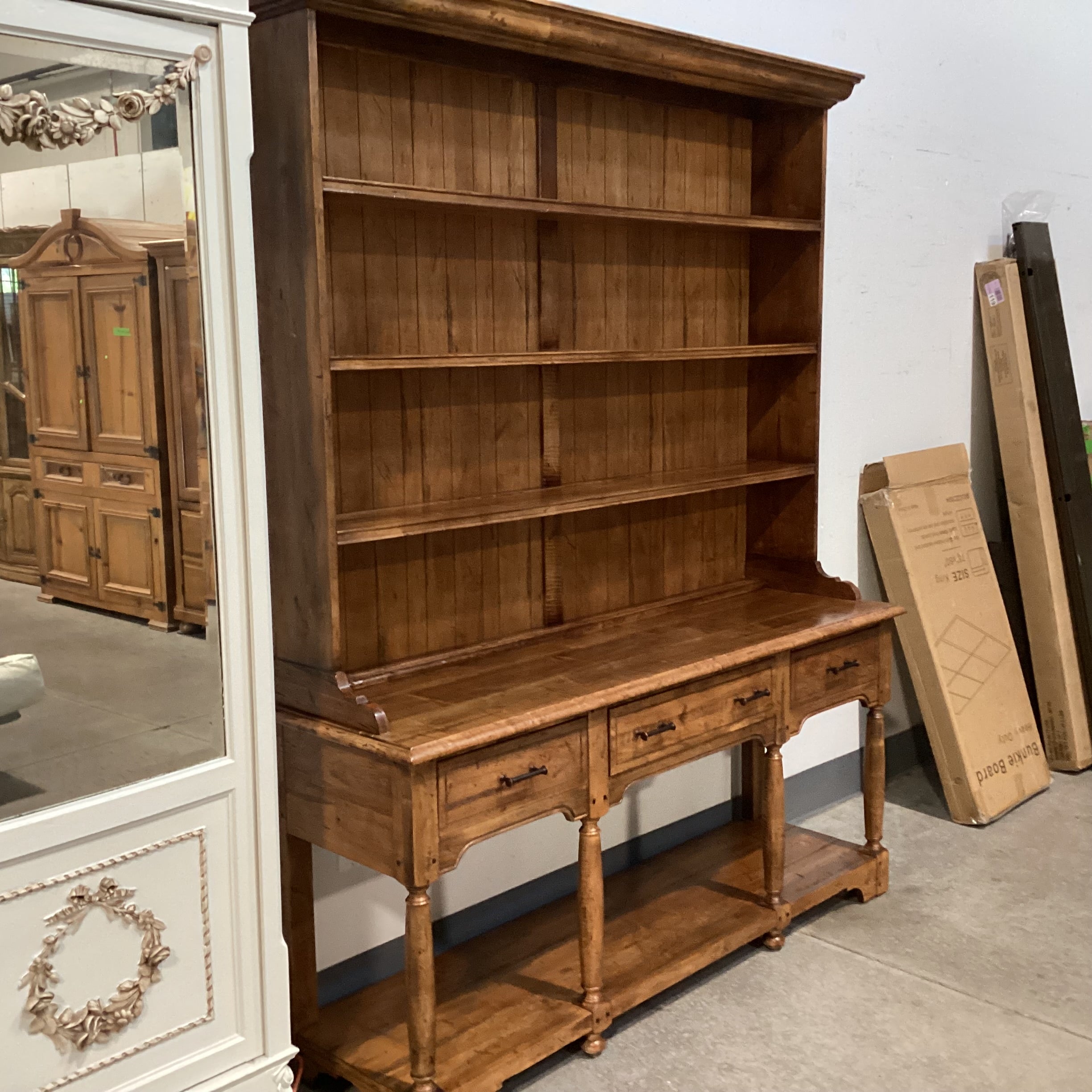 Ethan Allen Vintage Carved Distressed Wood 3 Drawers & Shelves 2 Piece China Hutch 65"x 19"x 82.5"