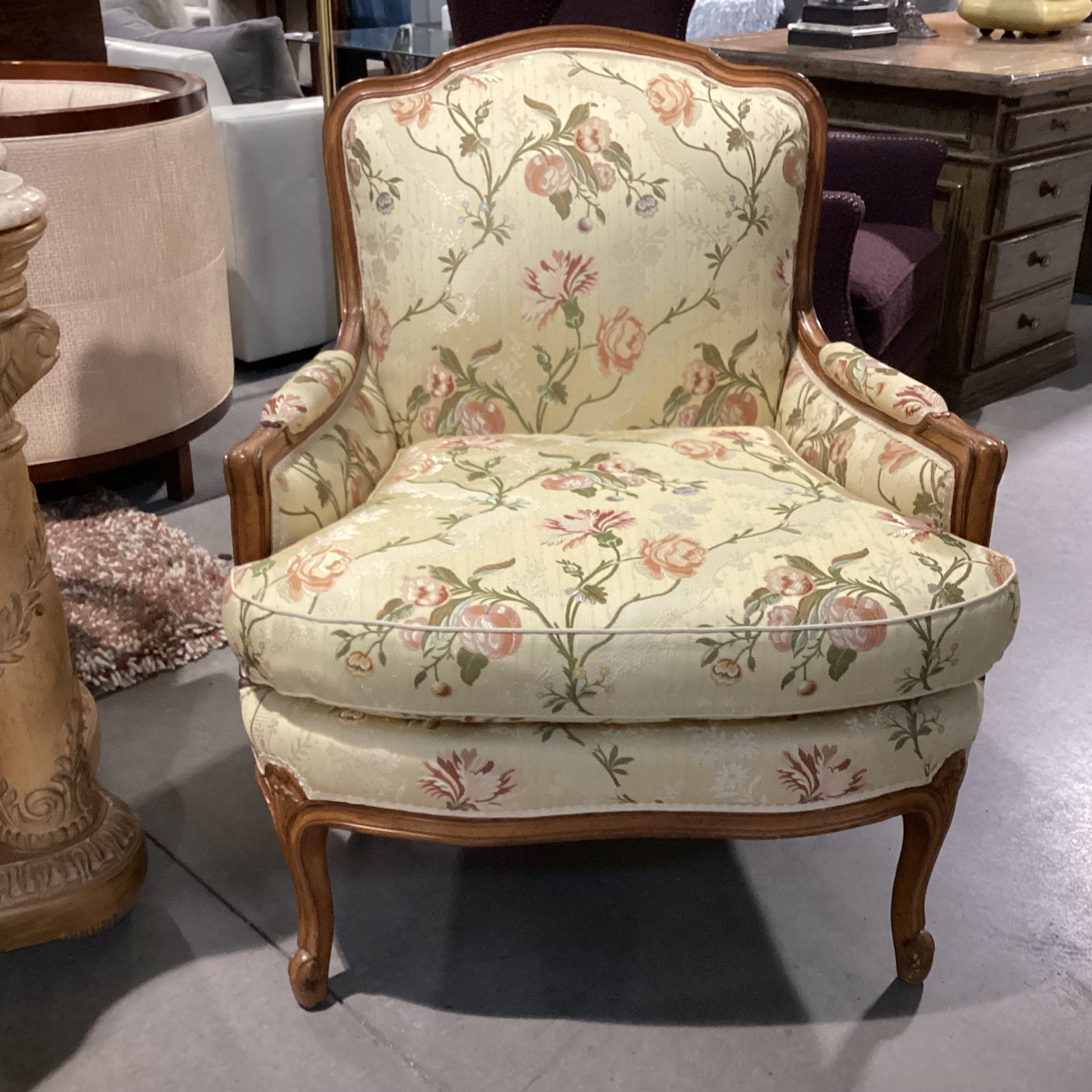 French Provincial Style Carved Wood with Yellow Floral Upholstery Chair 33"x 34"x 37.5"