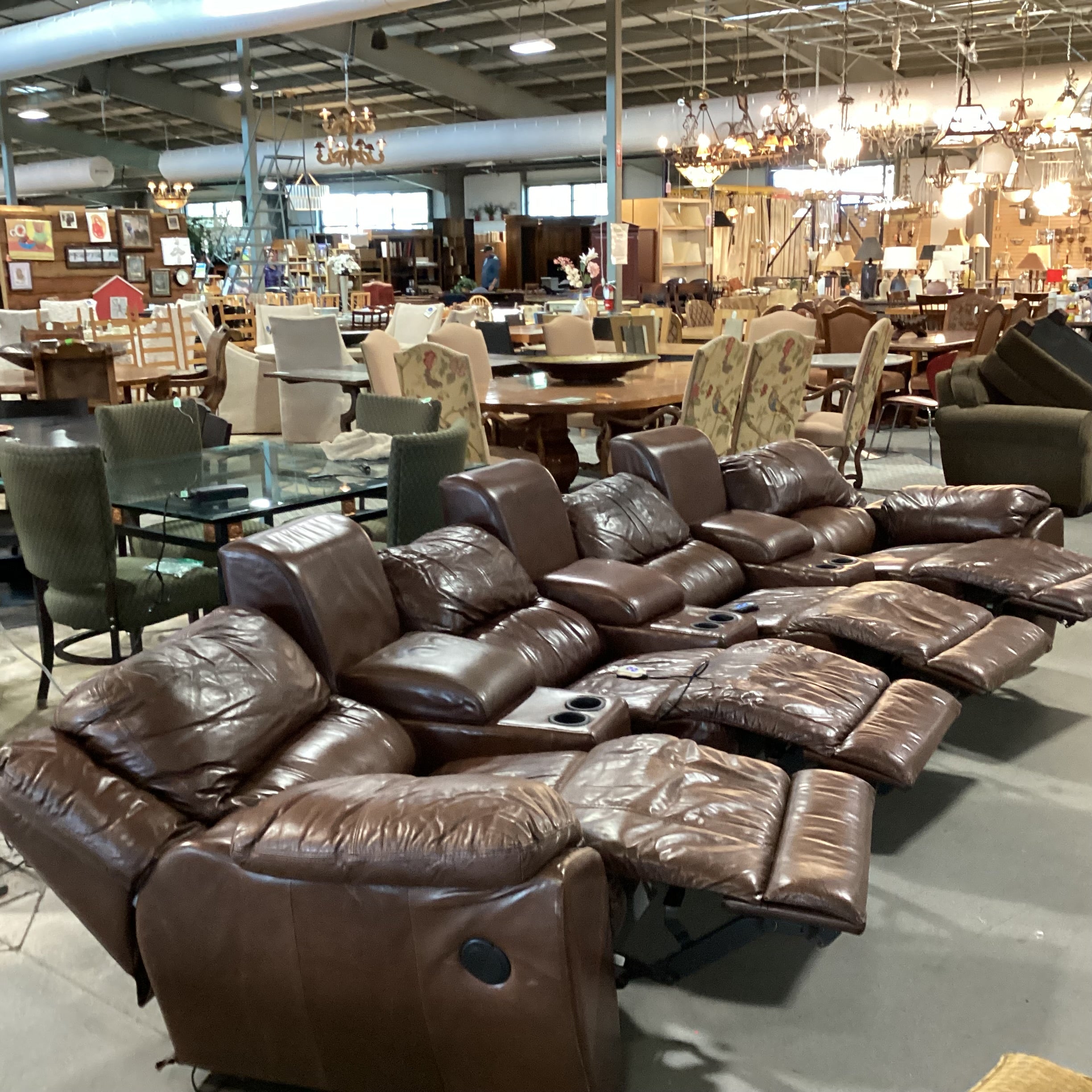Benson Home Palliser Amaretto Leather 7 Piece with 4 Power Recliners & 3 Consoles Theater Sectional 157"x 41" to 69"x 36"th