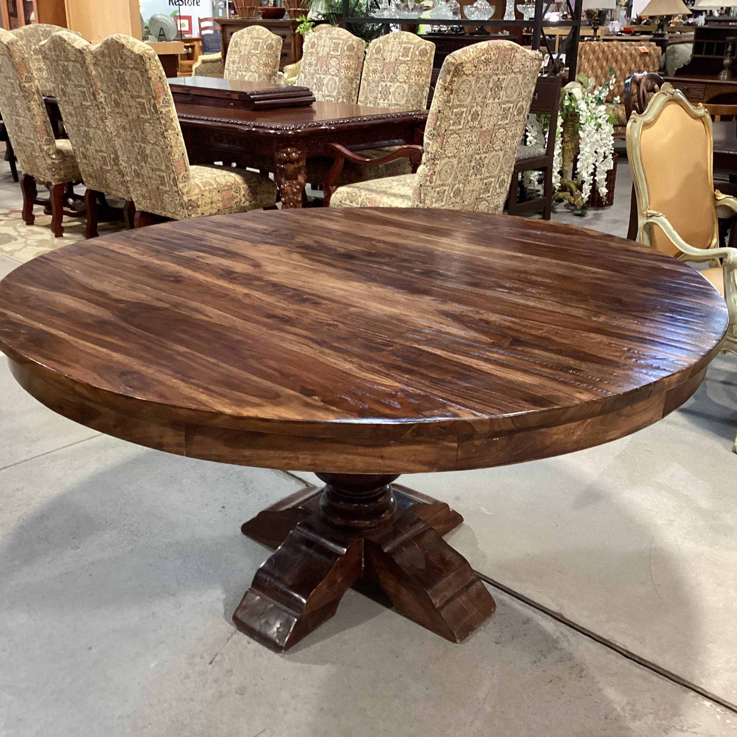 Dark Distressed Finish Round Solid Wood with Pedestal Dining Table 60" Diameter x 30.5"