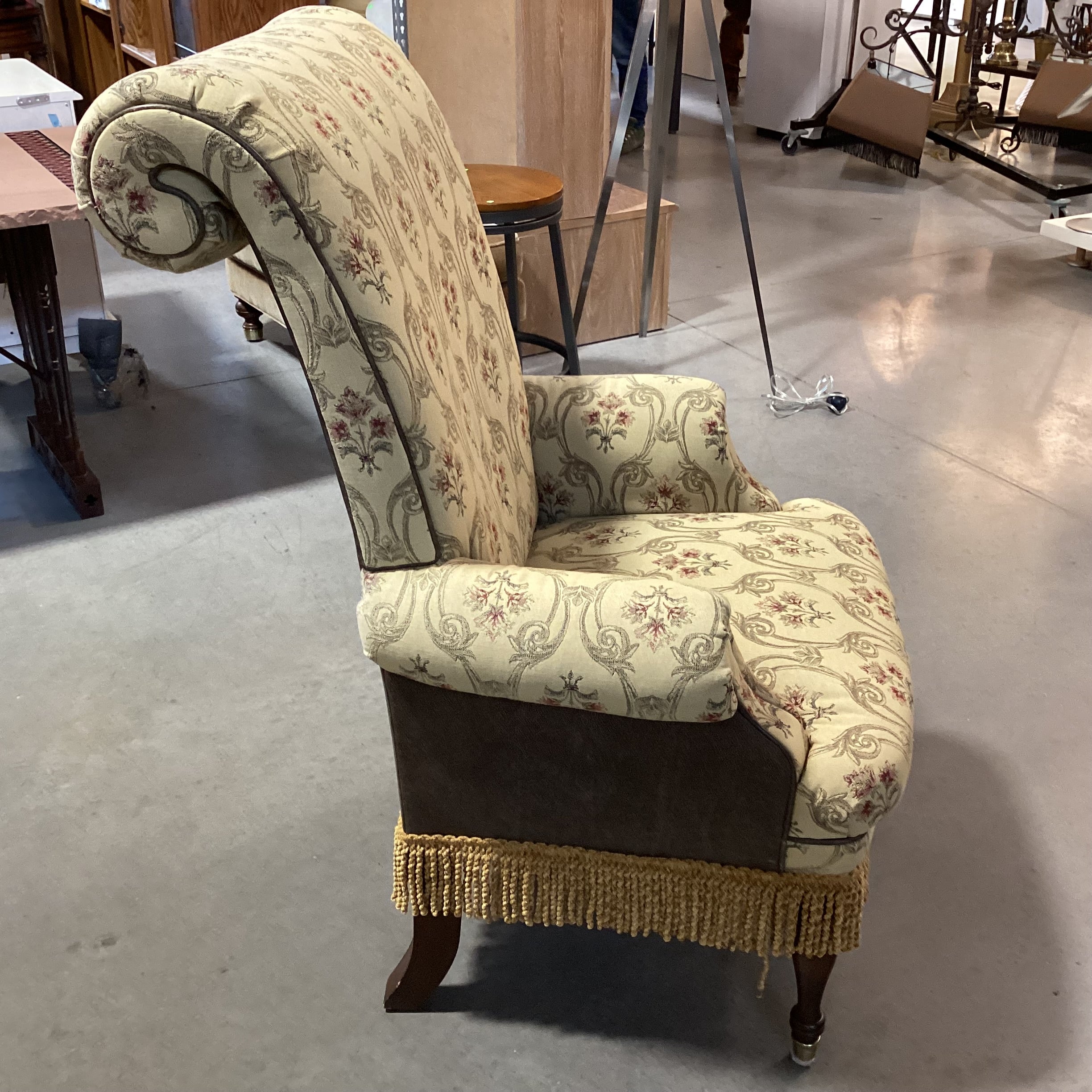 SET of 10 Custom Gold with Ornate Red Floral Leather & Fringe Roll Arm Back Dining Chairs 23"x 30"x 46"