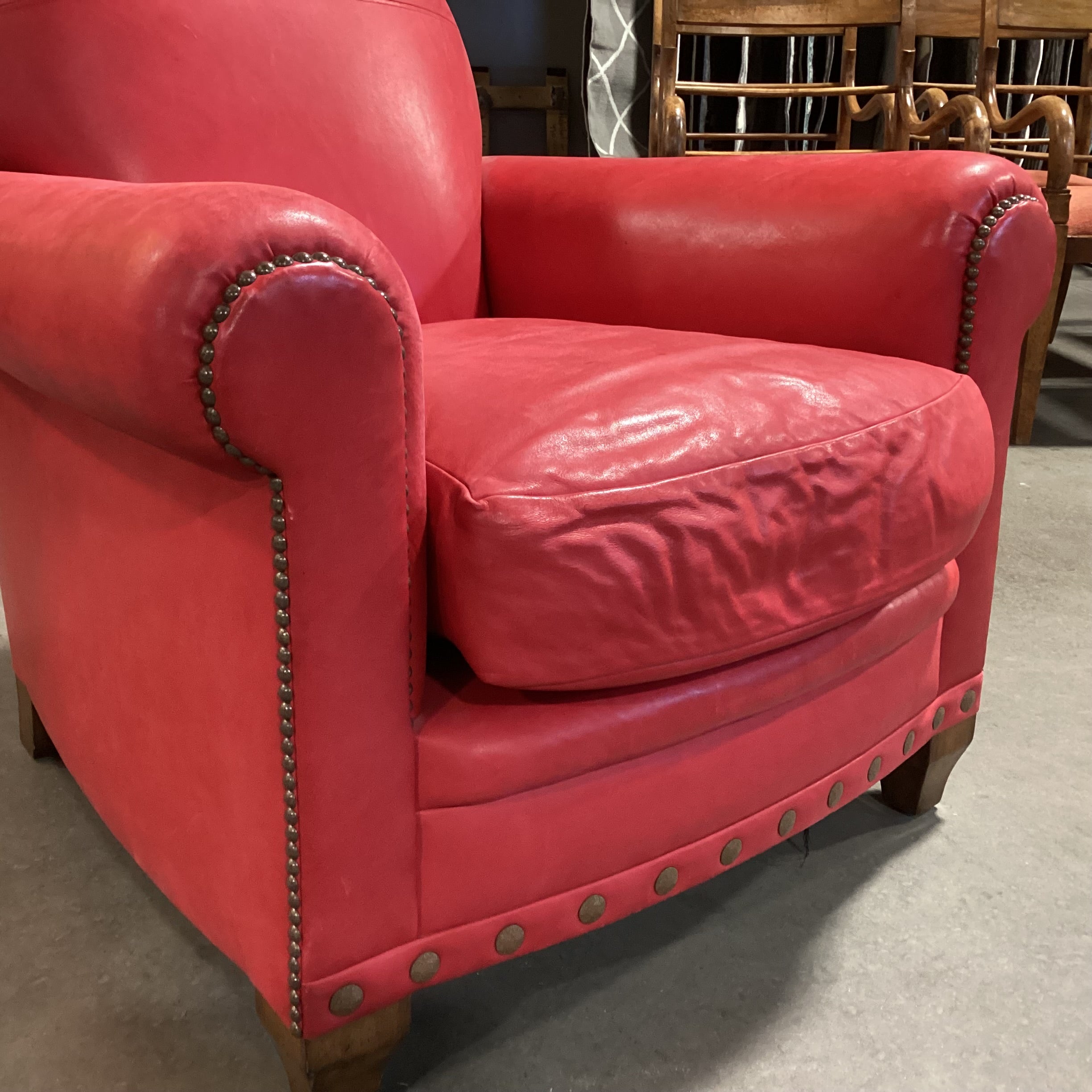 JJ Custom Red Leather Nailhead High Back Chair 35"x 37"x 38.5"