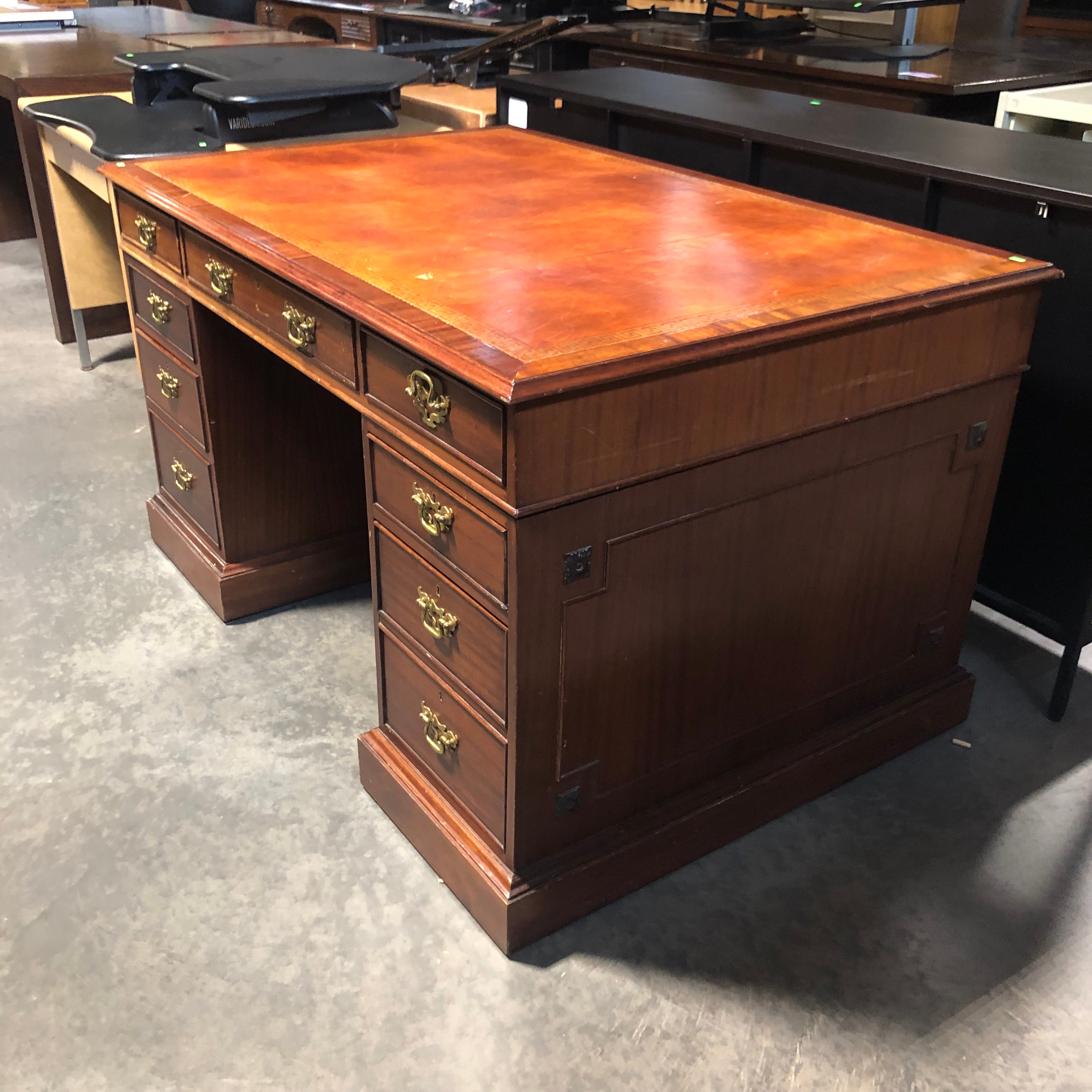 Solid Finished Desk With Leather Top and Brass Accents 55"x 36"x 31"
