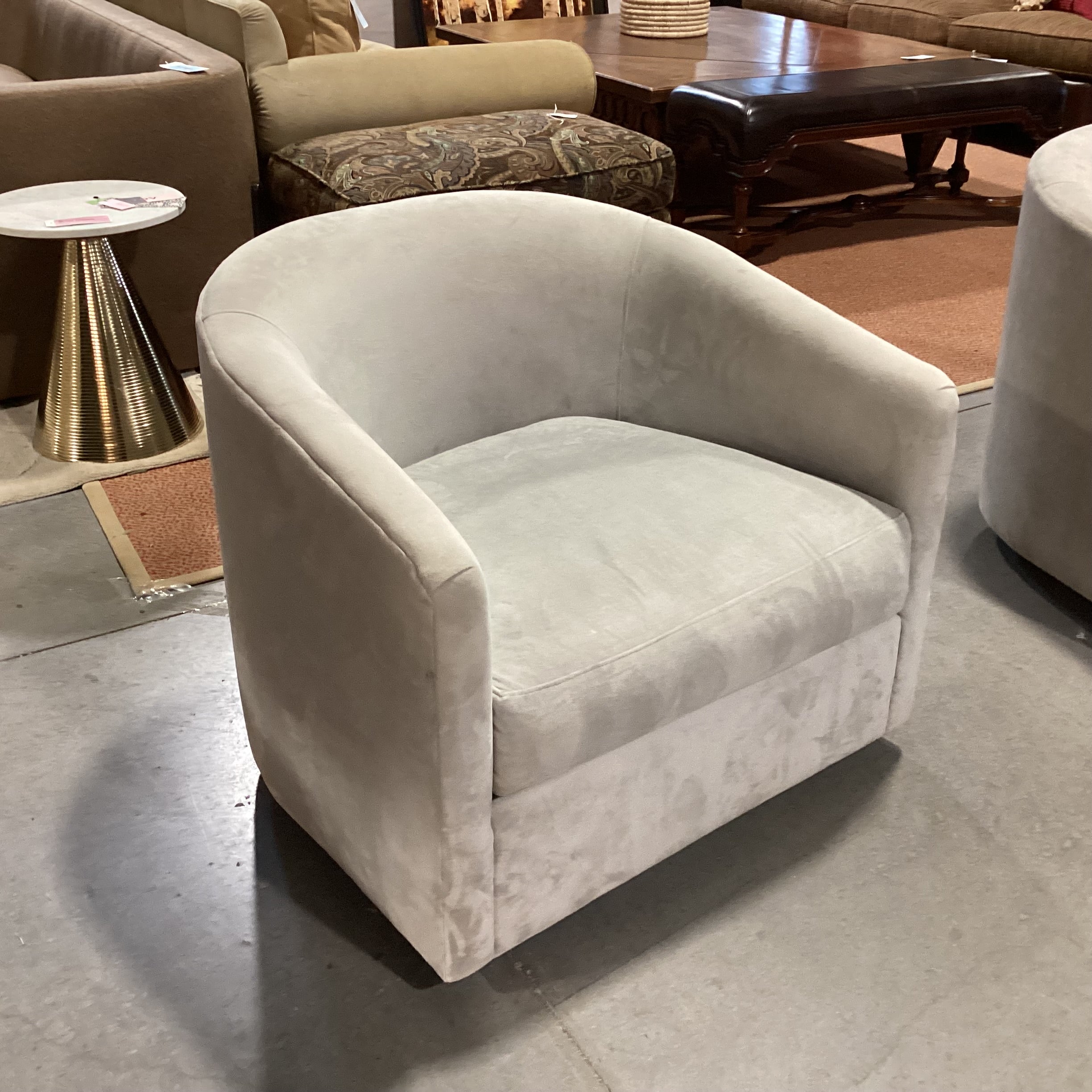 Custom Grey Velvet Swivel Barrel Chair 34"x 32"x 29"