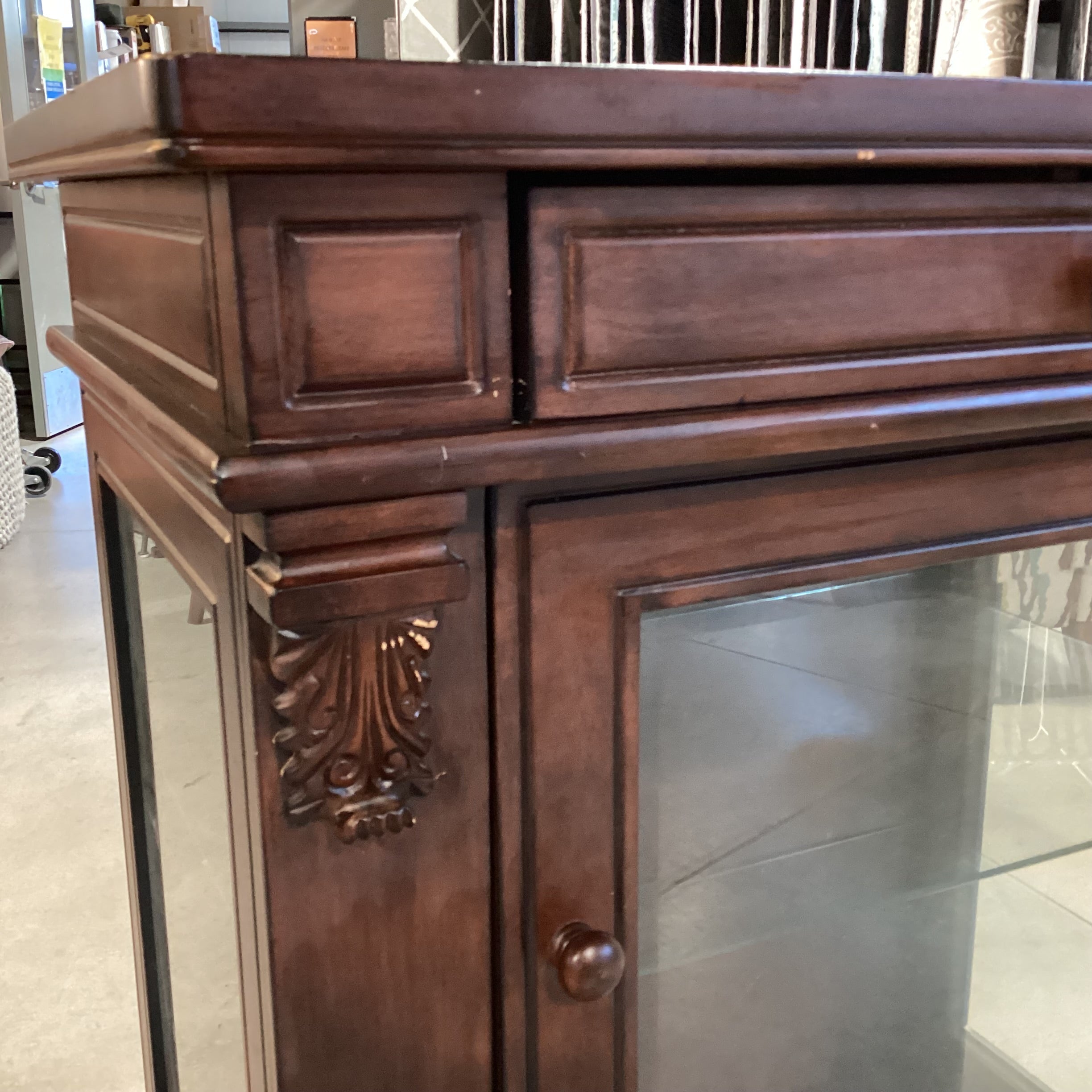 Dark Finish Carved & Glass 2 Drawer & Shelves Display Cabinet Bookcase