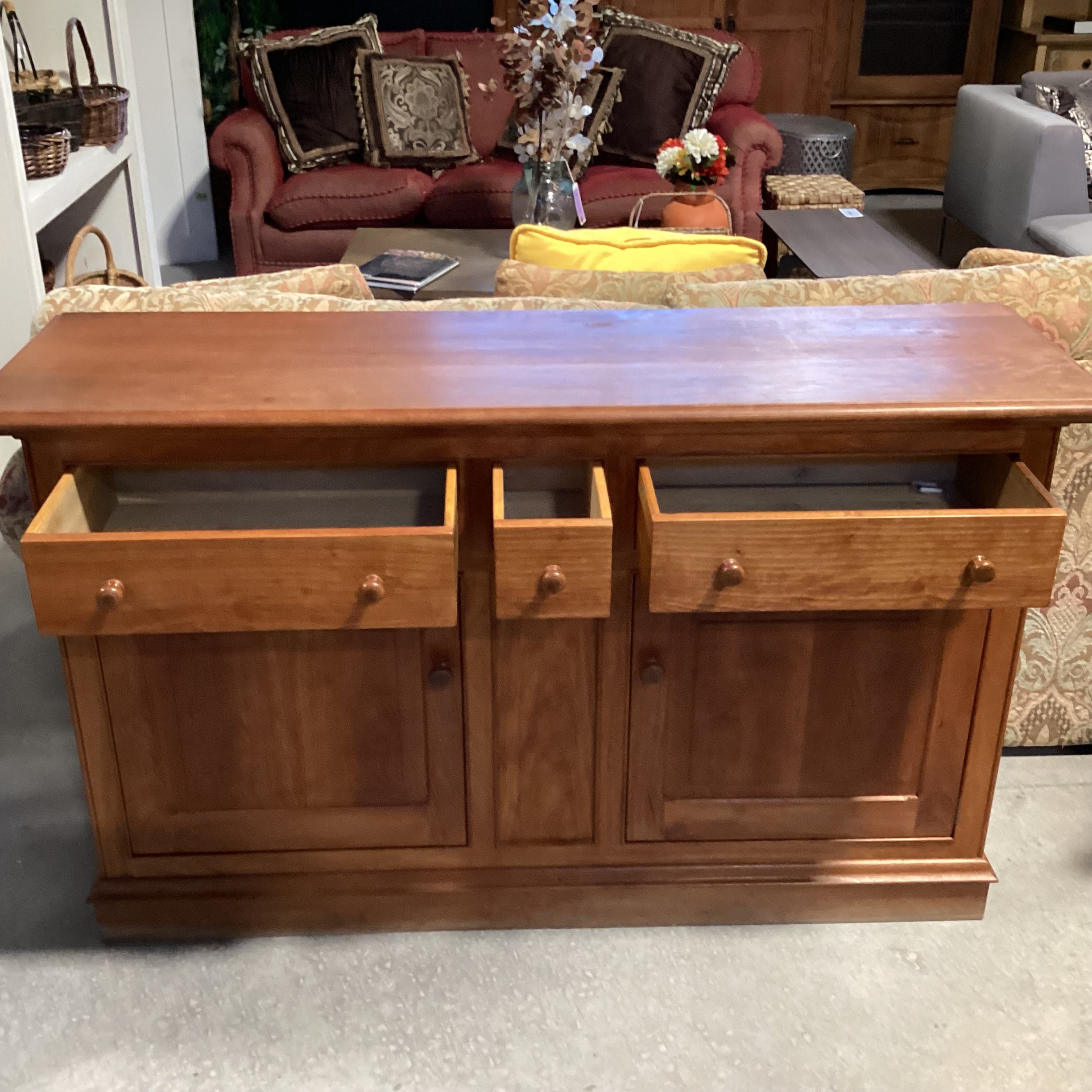 Solid Cherry 3 Drawer 2 Door with Shelves Sideboard Buffet 60"x 18"x 35.5"