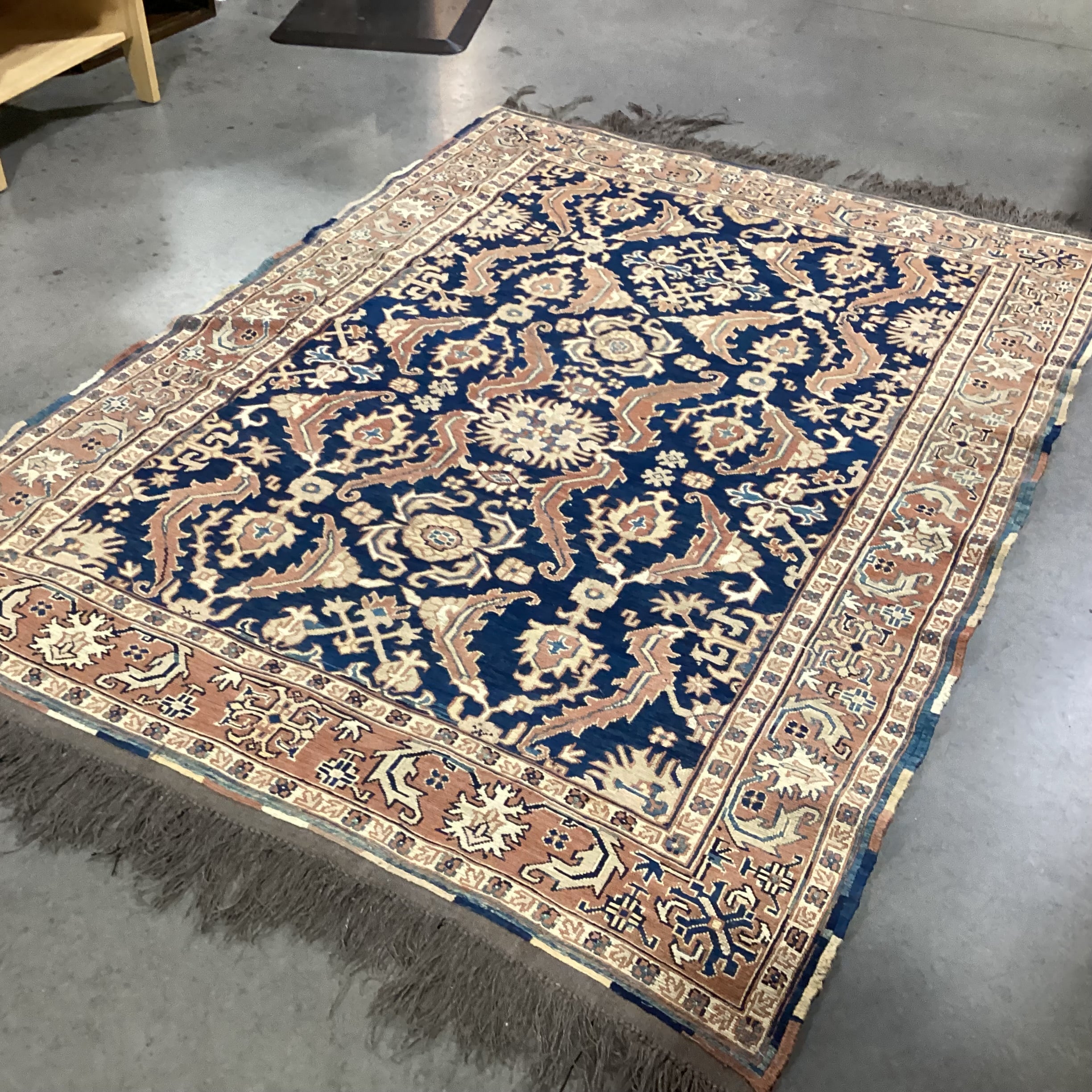 Vintage Antique Terracotta & Blue Hand Woven Wool Rug 4'9"x 7'