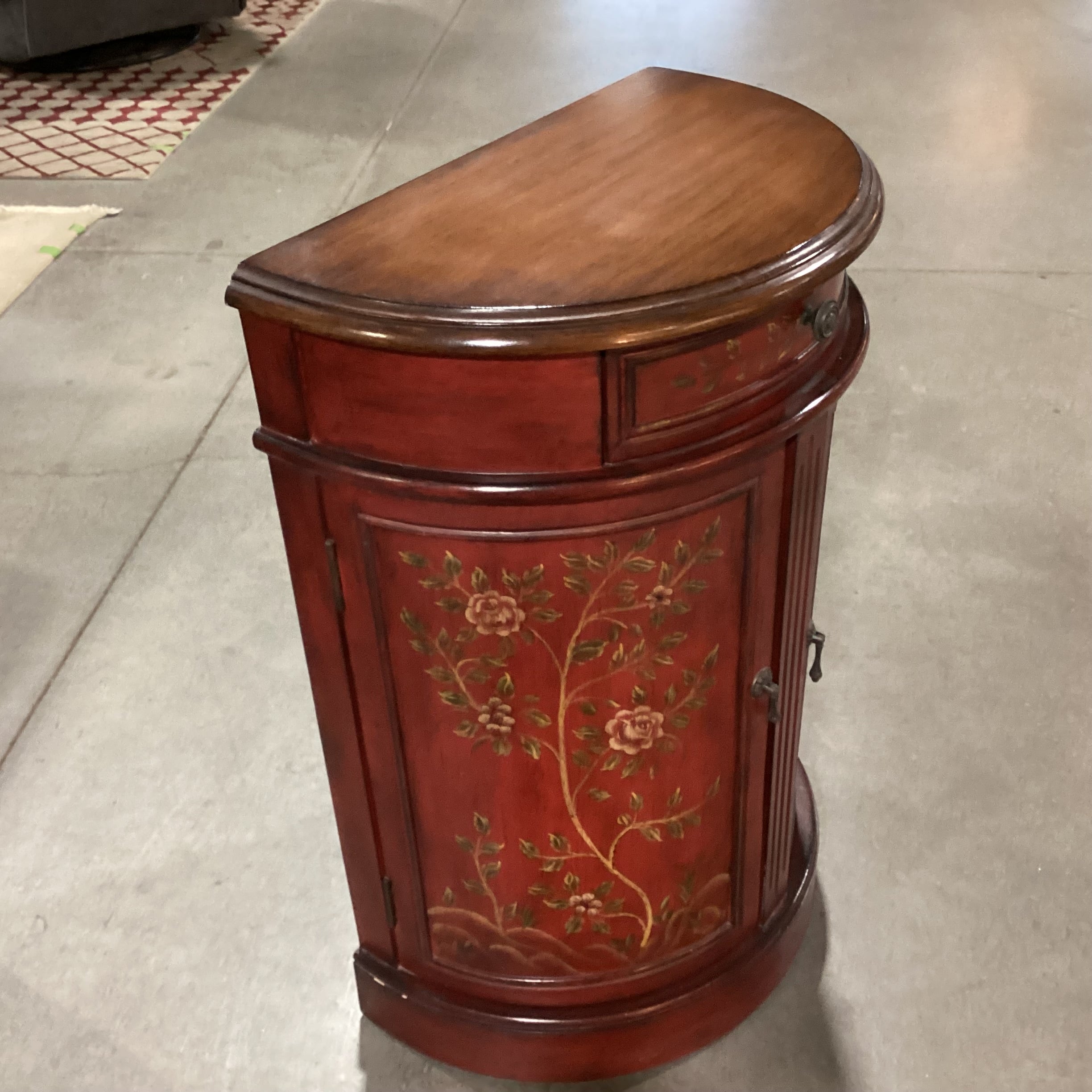 Antiqued Red Painted Floral 1 Drawer 2 Door Demilune Cabinet End Table 22"x 13"x 32.5"