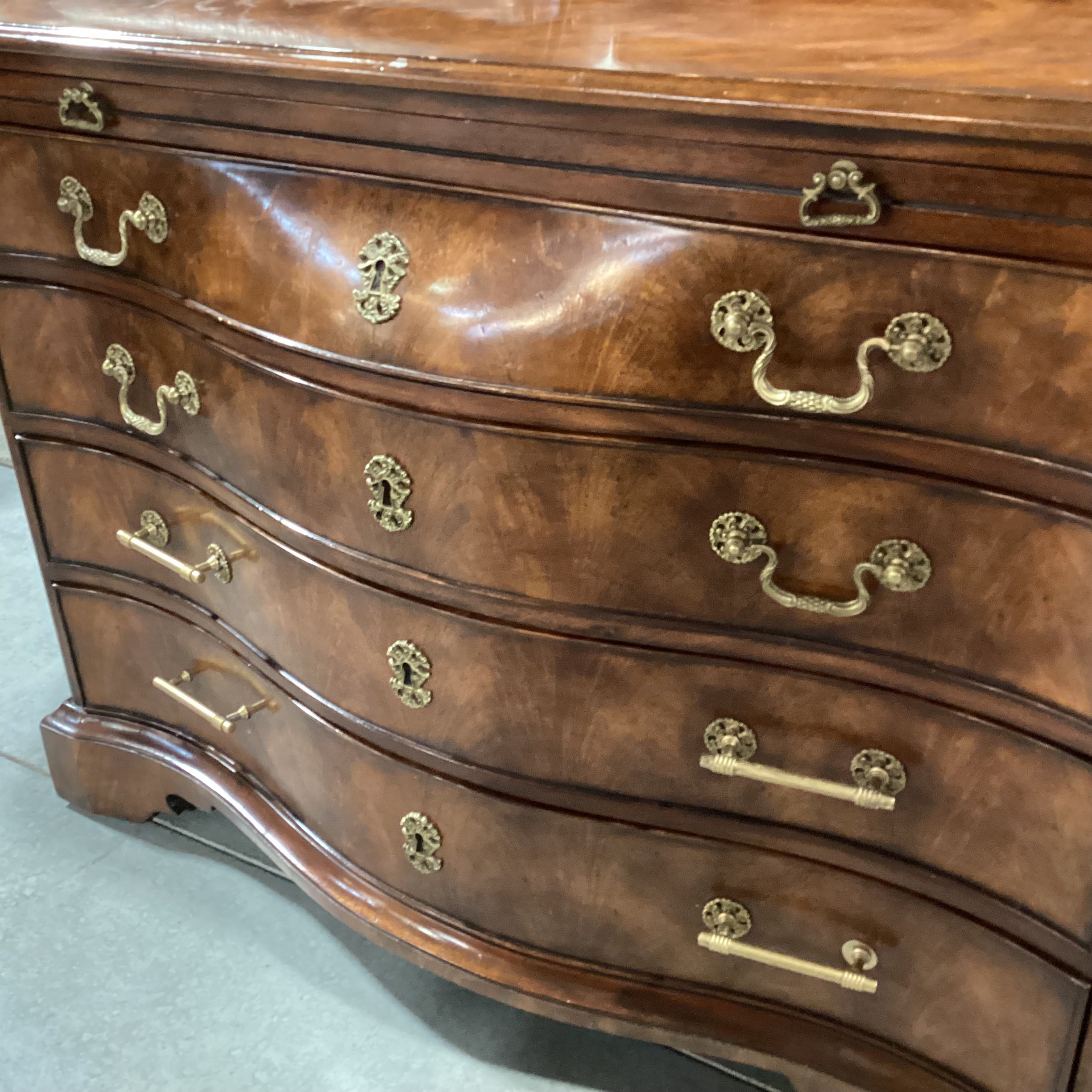 Theodore Alexander Flamed Mahogany Veneer & Carved Wood Ornate Brass Accent with Leather Top Pullout 4 Drawer Chest 42.5"x 18.5"x 32"