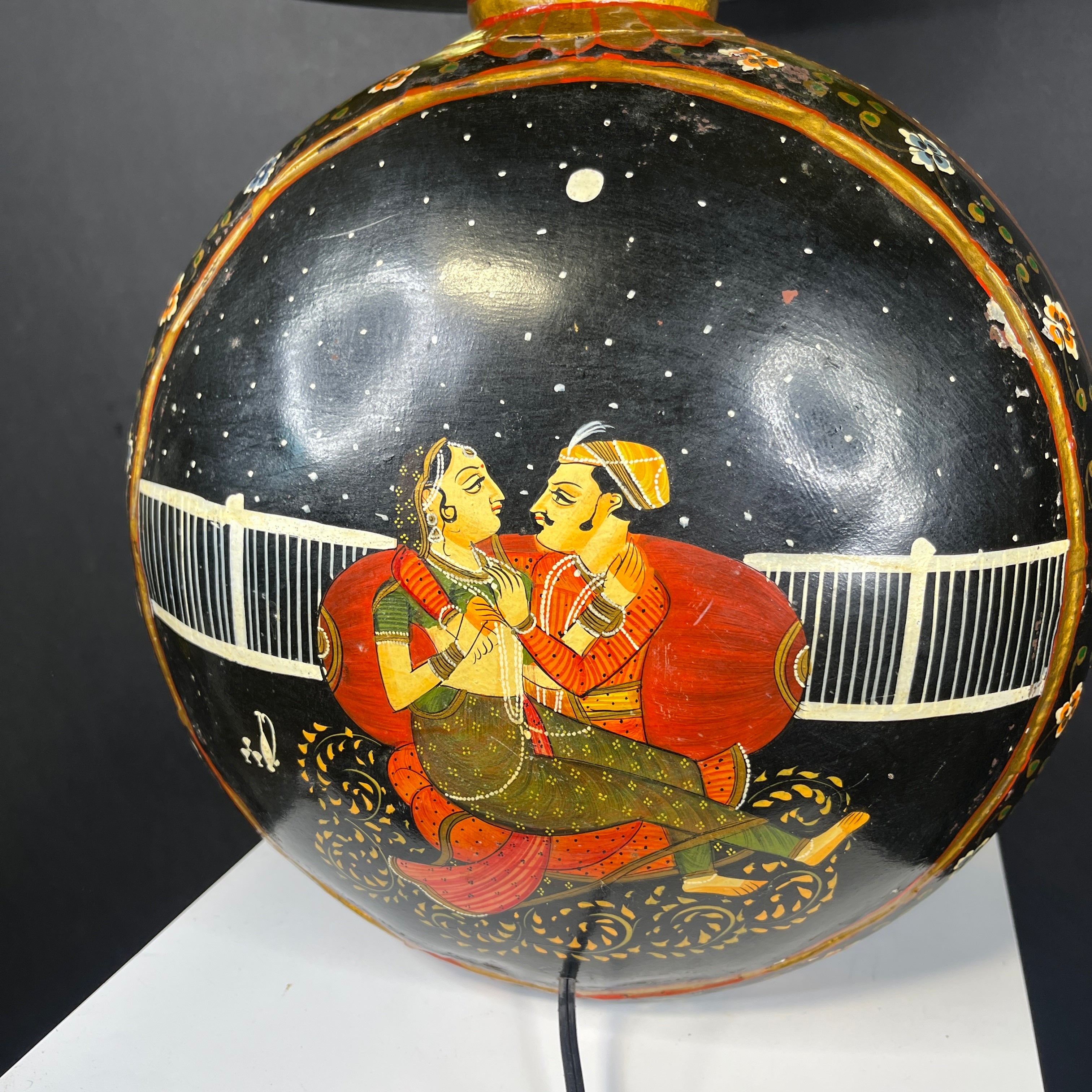 Vintage Double Sided Hand Painted Black and Gold Lovers Metal Vase with Shade Table Lamp 18” Diameter @ Shade x 25”