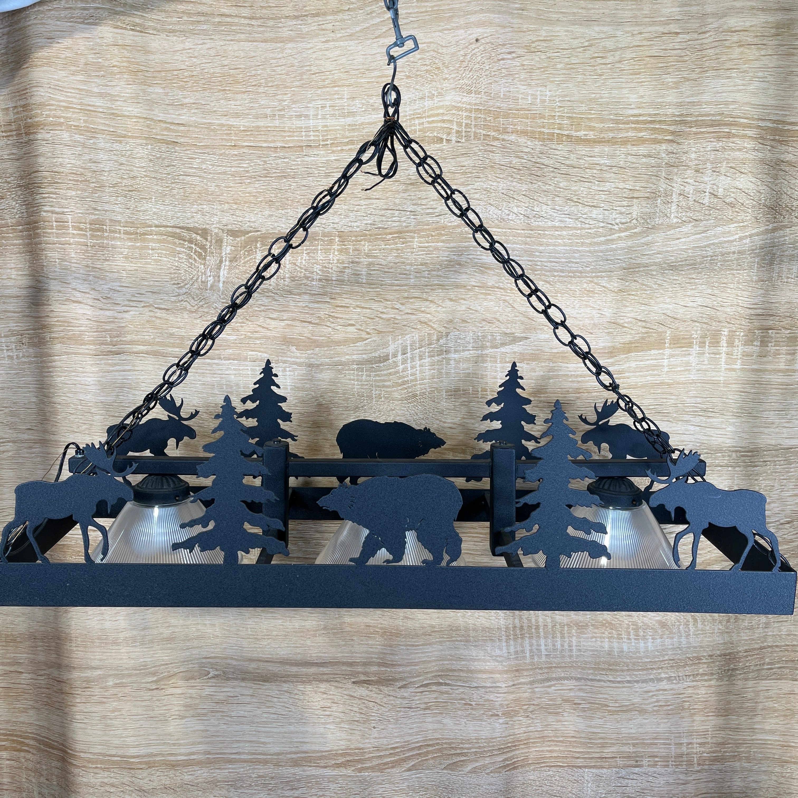 Rustic 3-Light Textured Iron Bear and Moose Billiards Ceiling Pendant 45"x 15"x 12" - 35"