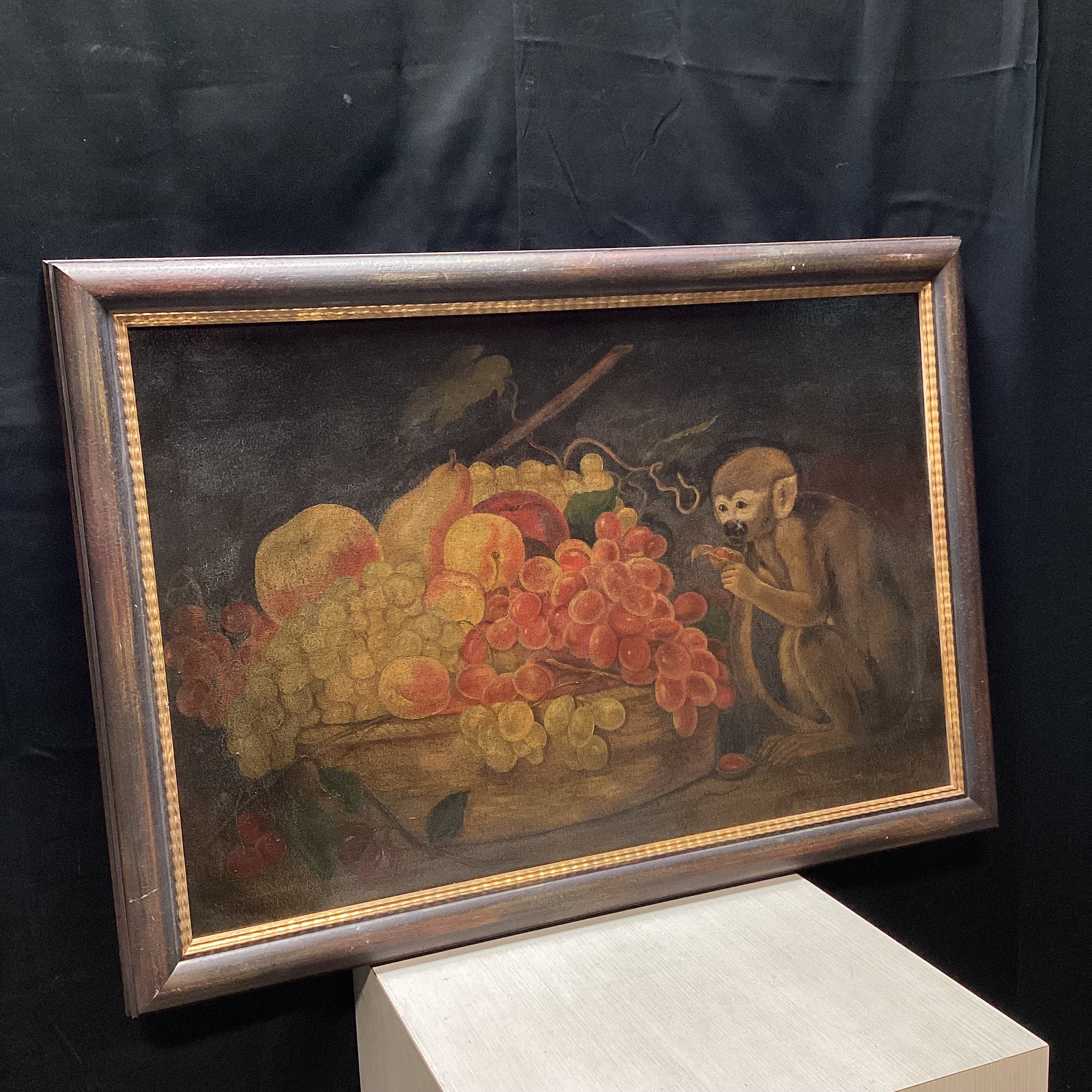 John Myers Signed Original Monkey & Fruitbowl Still Life Oil Painting 40.5" x 28.5"