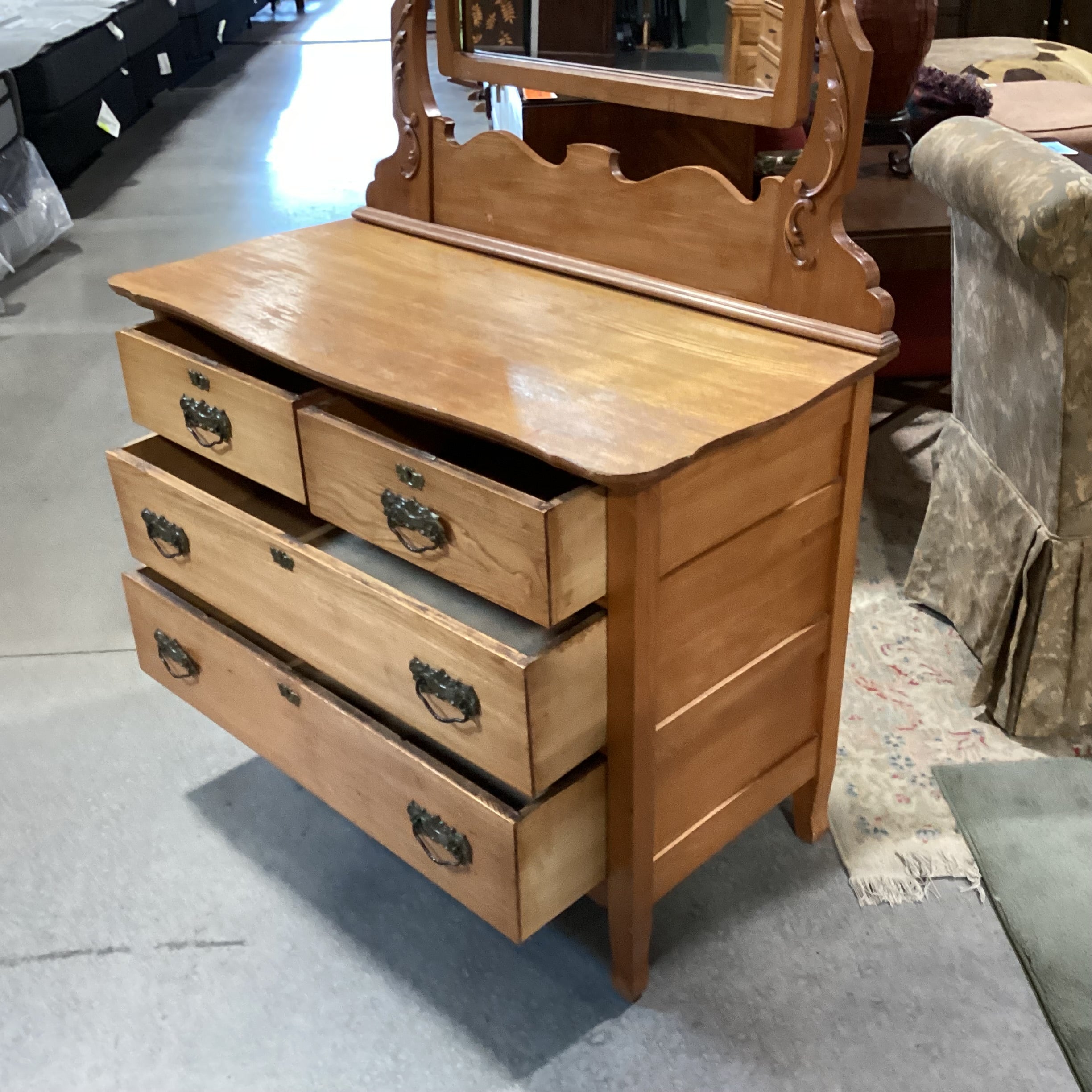 Antique Carved Wood 4 Drawer with Mirror Light Wood Finish Chest 43"x 21"x 67"