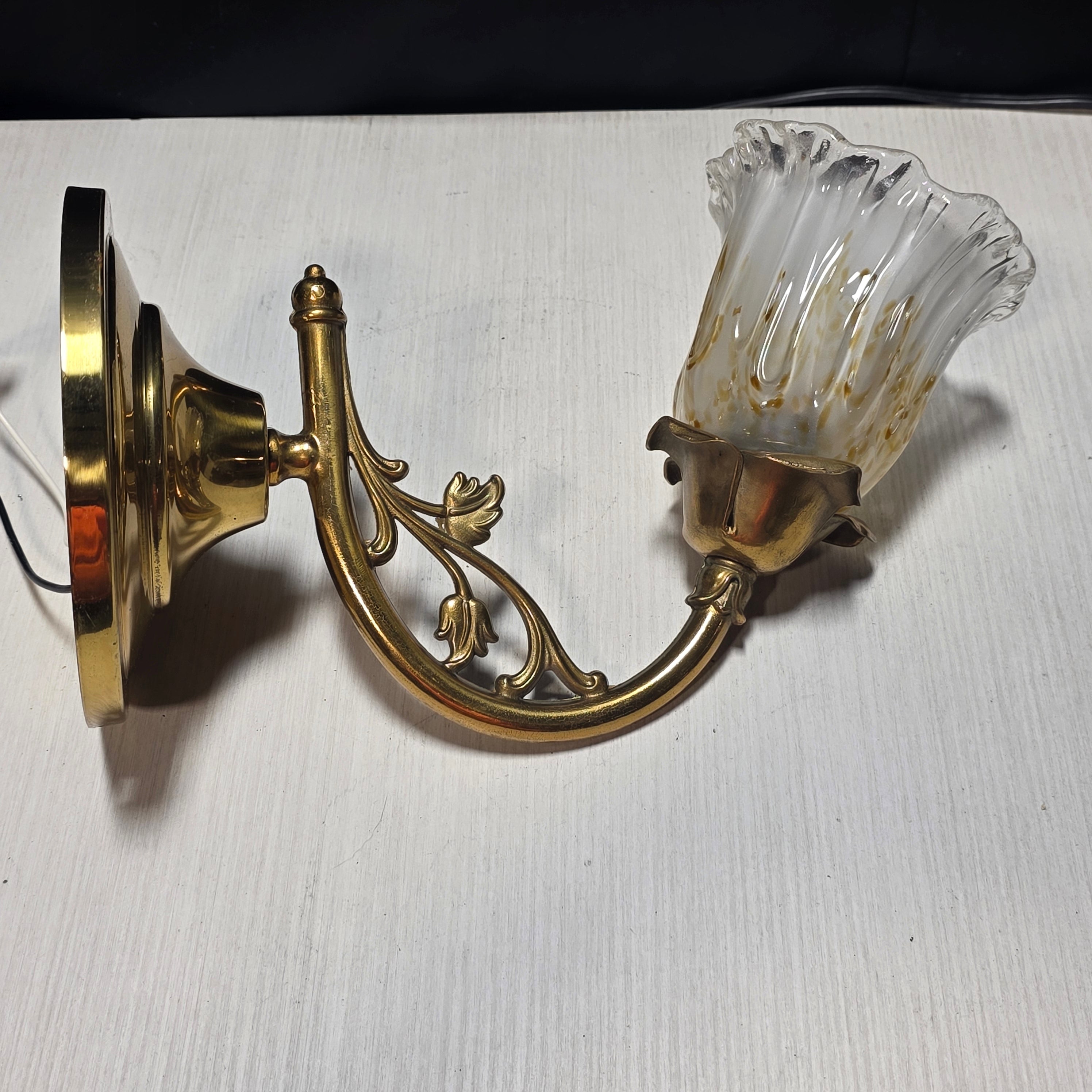 Vintage Brass Floral Single Light Sconce with Amber/Gold Flecks in Glass and Leafy Arm 6"x12"x11"