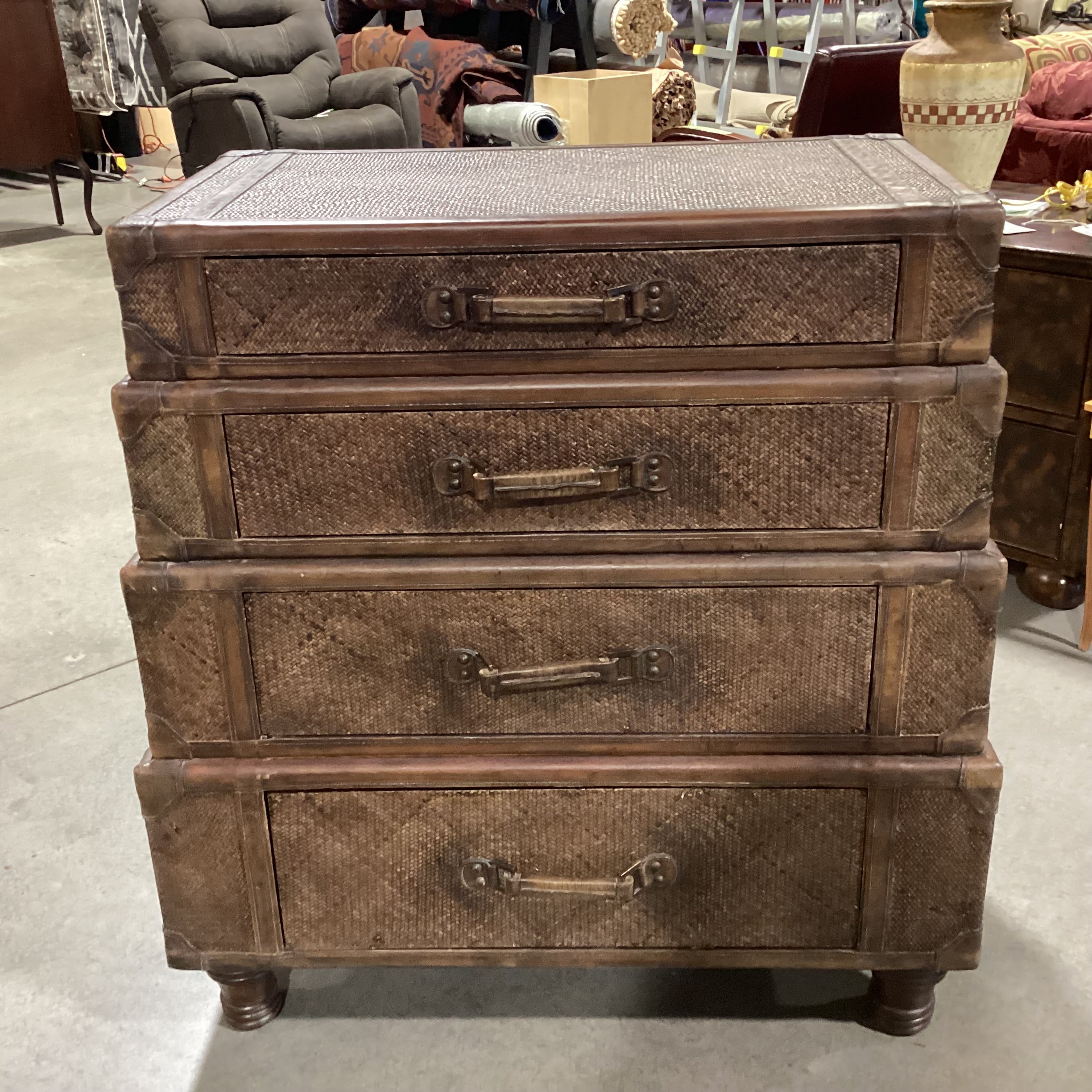 Maitland Smith Style Rattan Woven & Leather 4 Drawer Trunk Style Chest 34"x 19"x 36" Chest