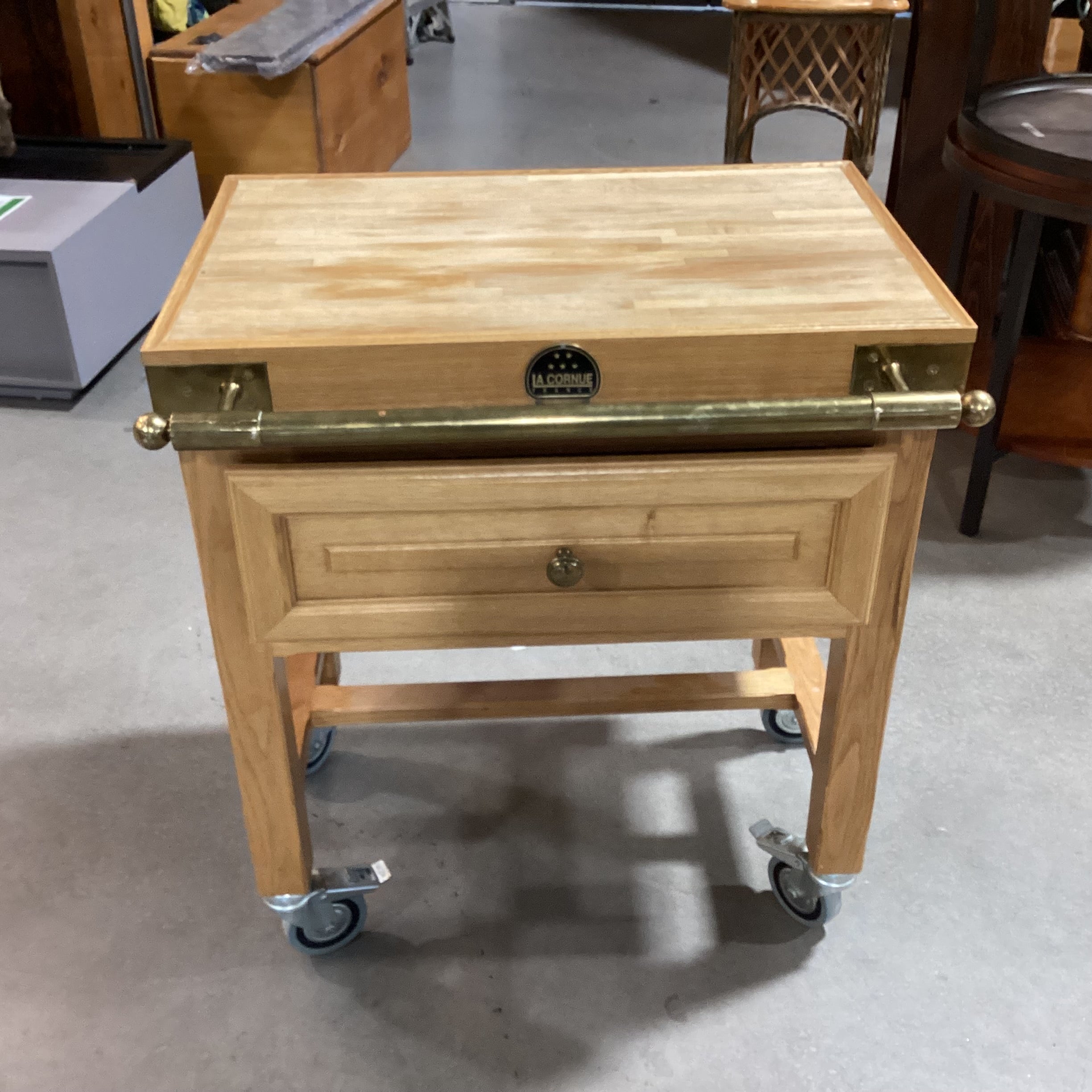 La Cornue Butcher Block & Brass on Casters 1 Drawer Cutting Board Island Buffet 28"x 25"x 32.5"