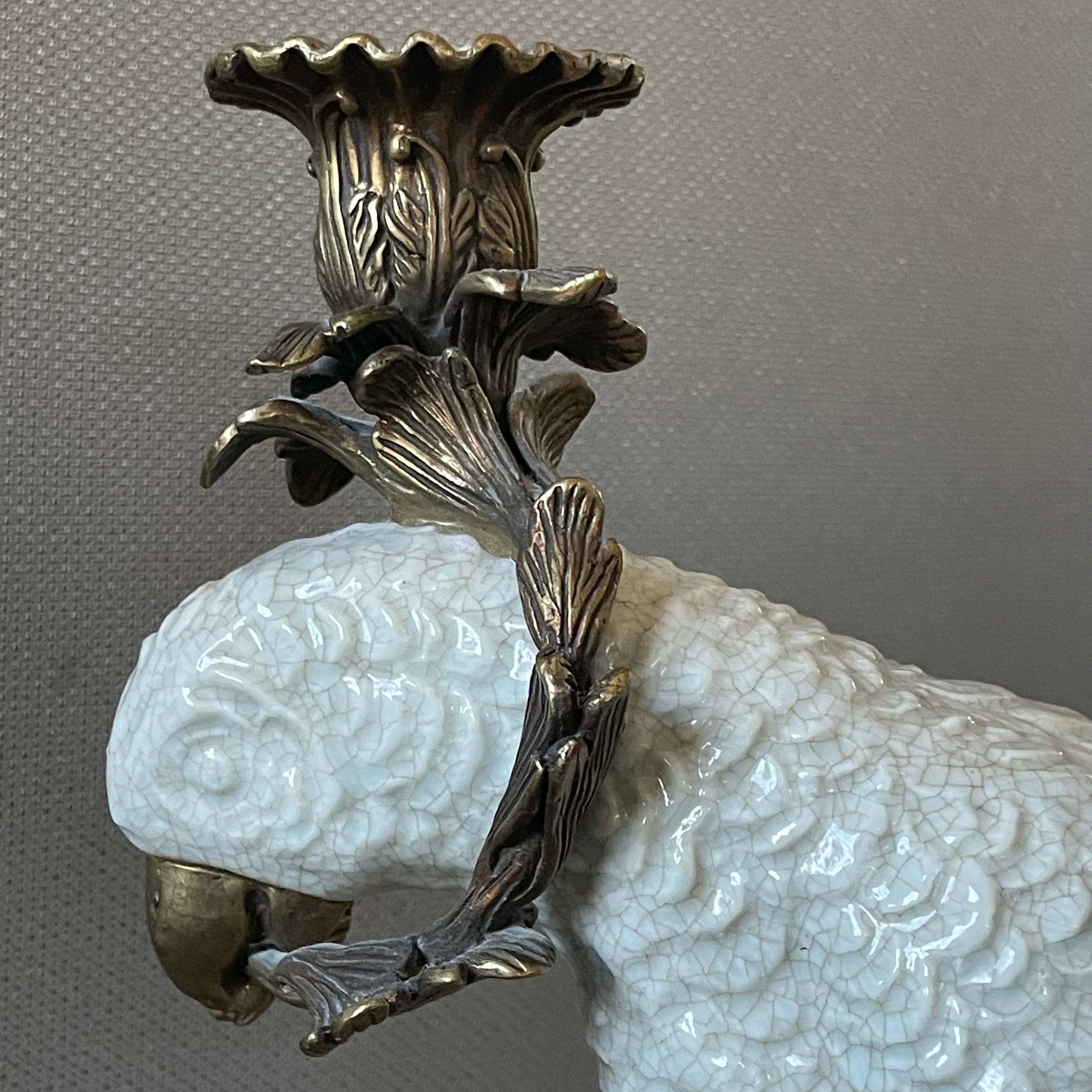 Castilian Imports White Glazed Porcelain with Brass Base Cockatoo Candlesticks, Pair