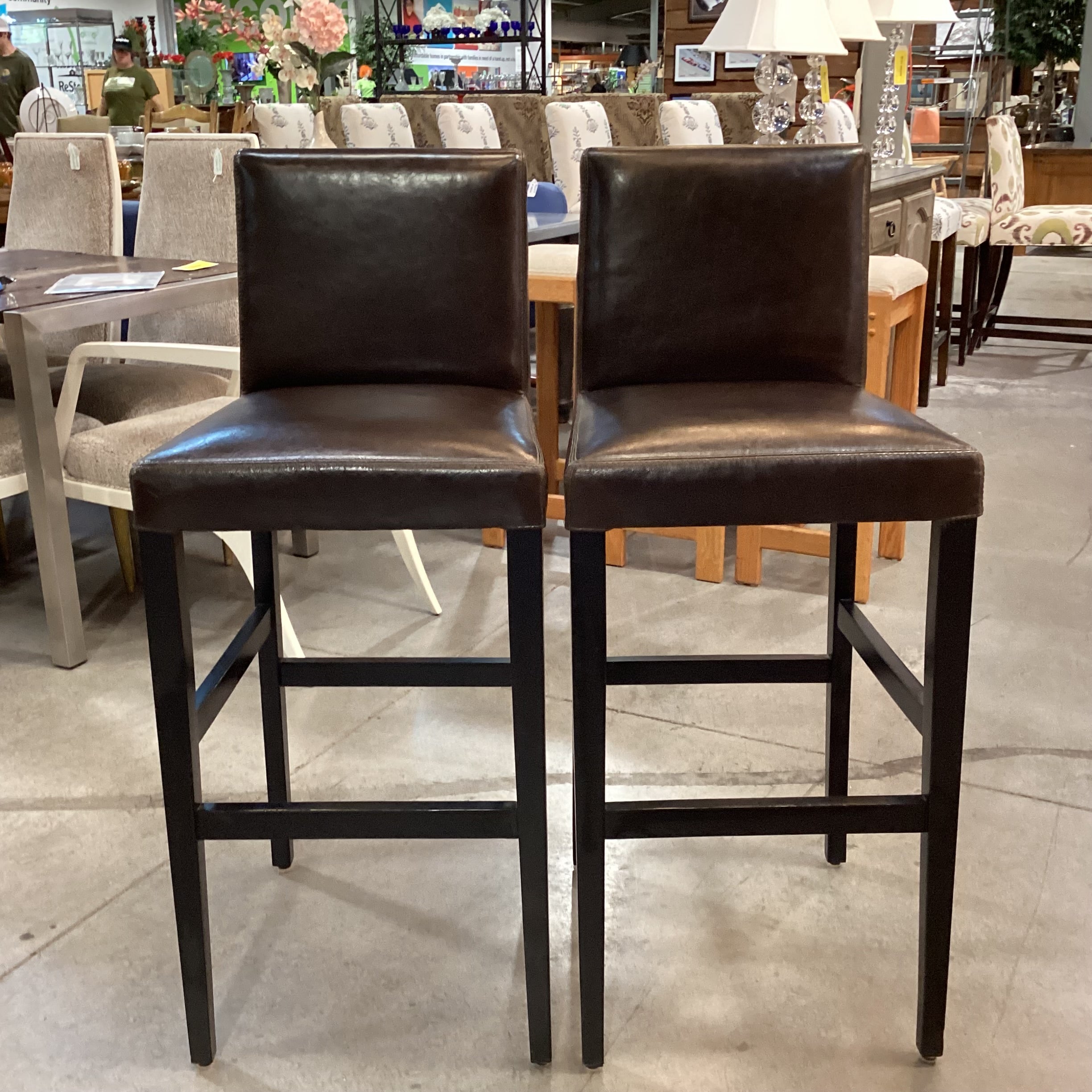 SET of 2 Crate & Barrel Leather & Black Wood Barstools 31"