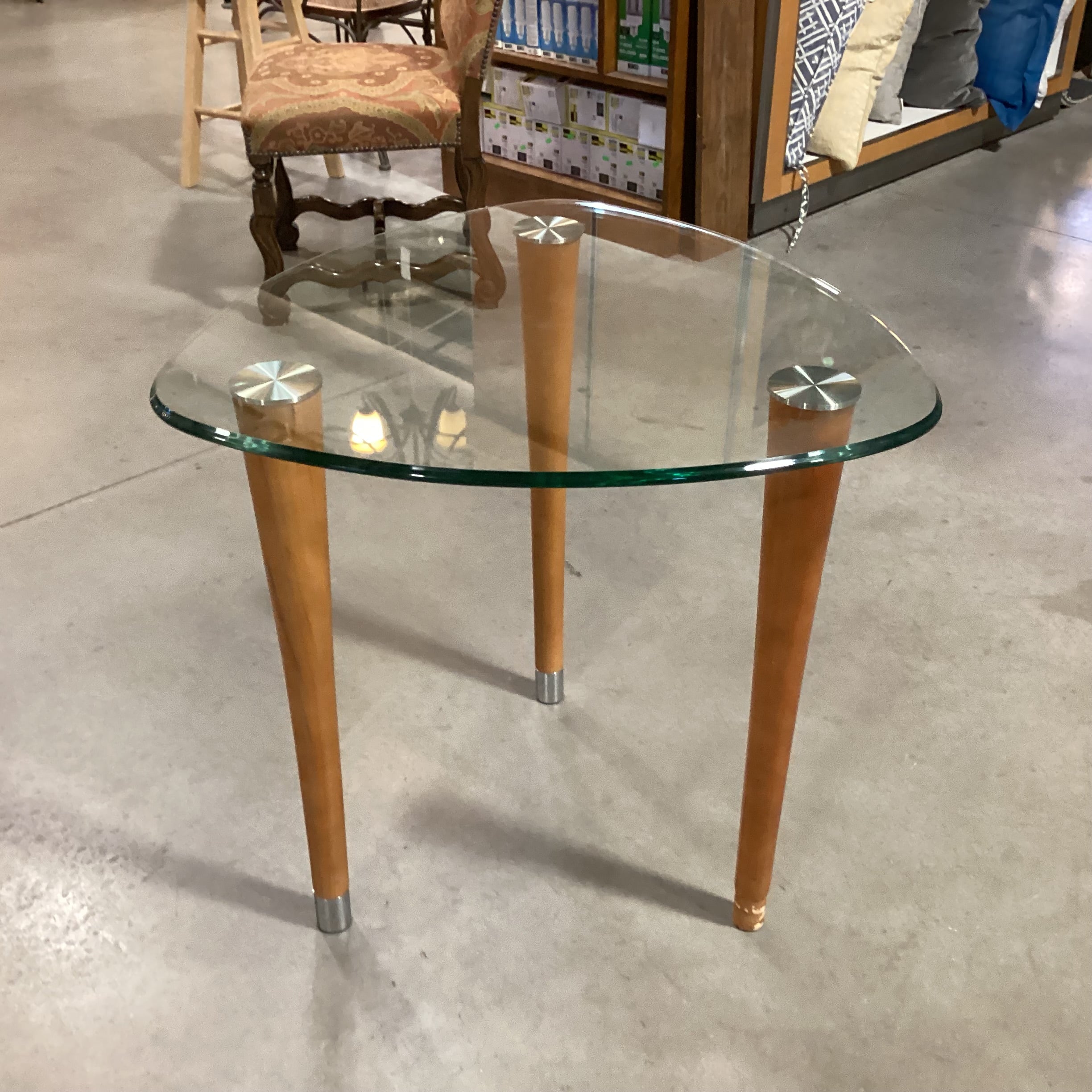 Modern Triangle Glass & Wood Legs End Table 26"x 26"x 26"