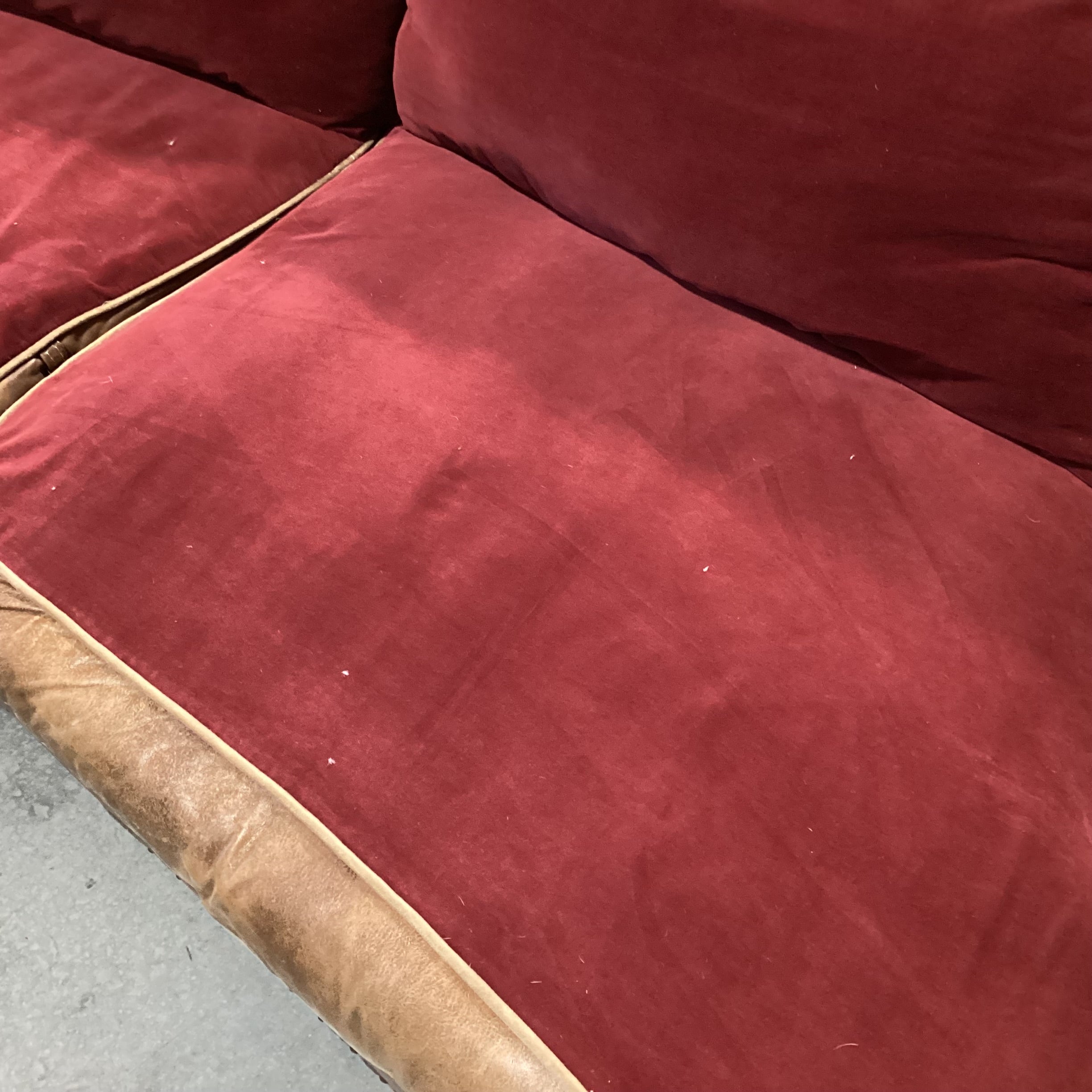 Carol Hicks Bolton & E J Victor Distressed Leather with Reversible Burgundy Velvet Cushions Ornate Carved Wood Down Mix Sofa 92"x 46"x 40"