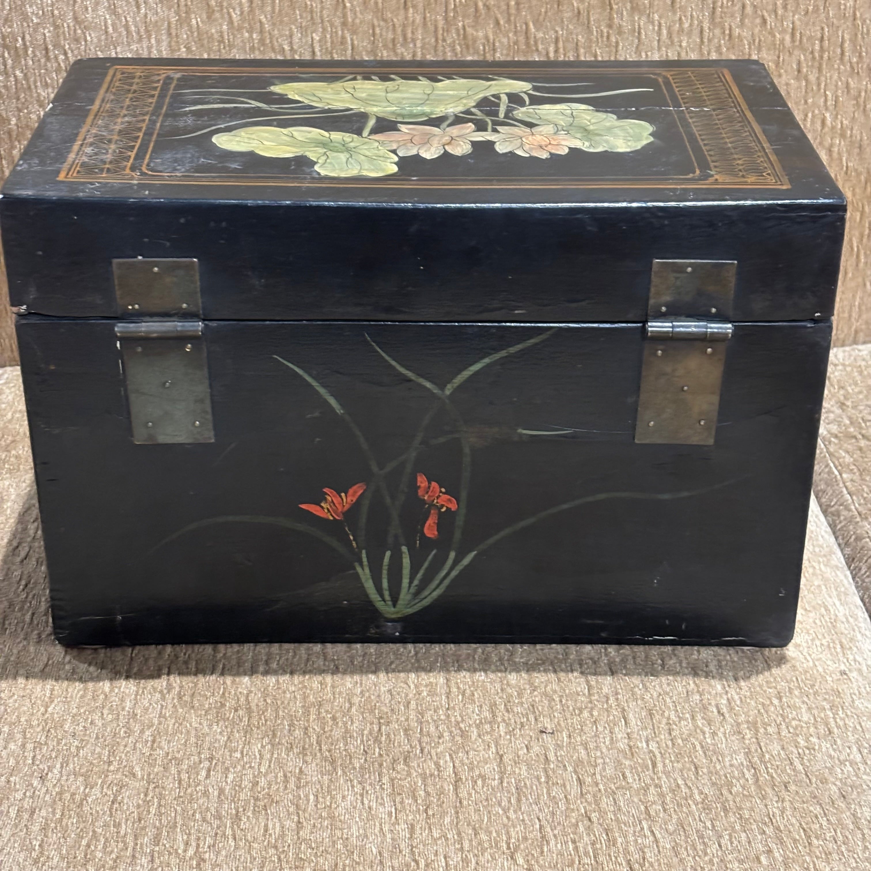 Antique Chinese Black Lacquer Handpainted Lotus Flowers Keepsake Chest
