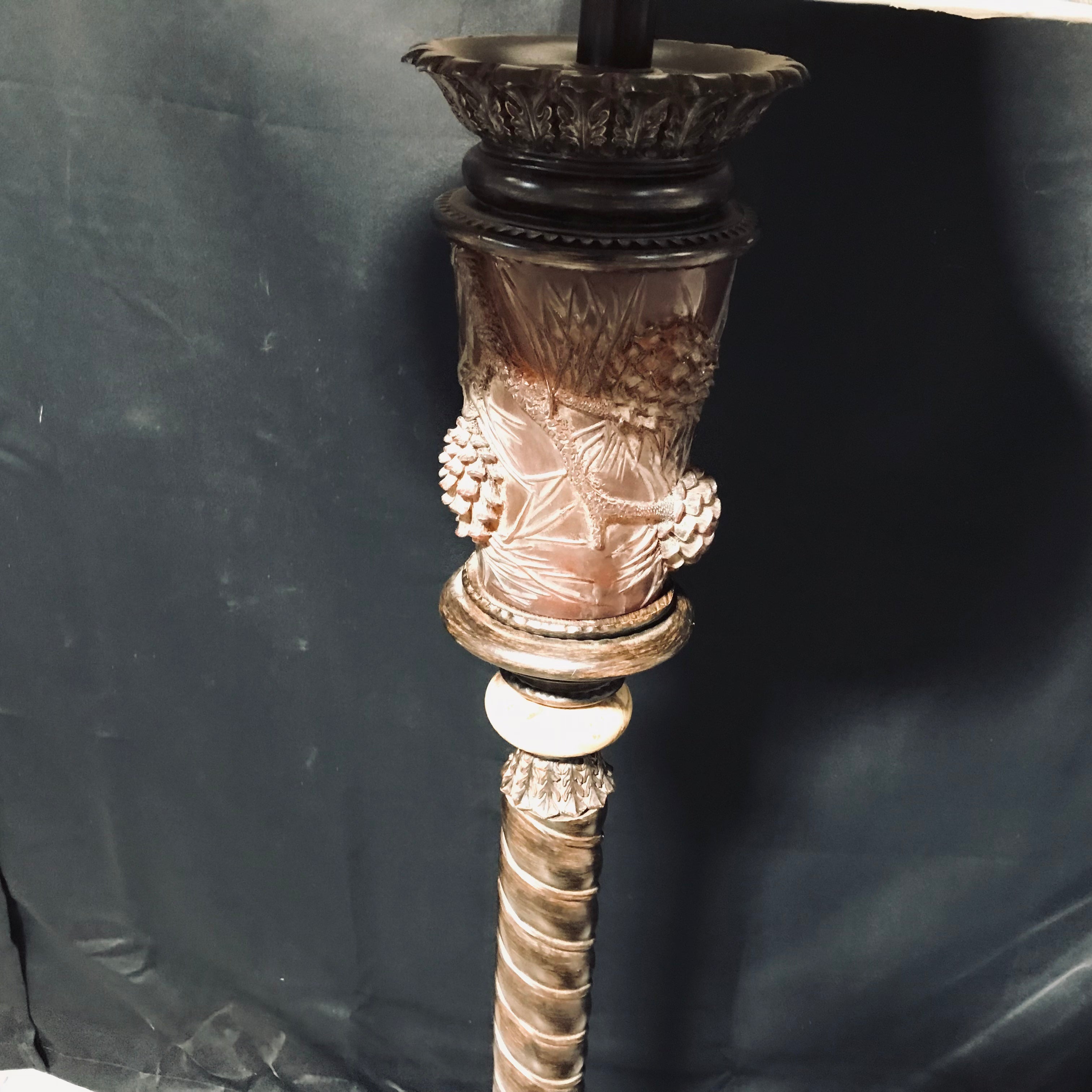 Wood Carved Bronze Colored With Brown Shade Floor Lamp, Base 11" Height 63"