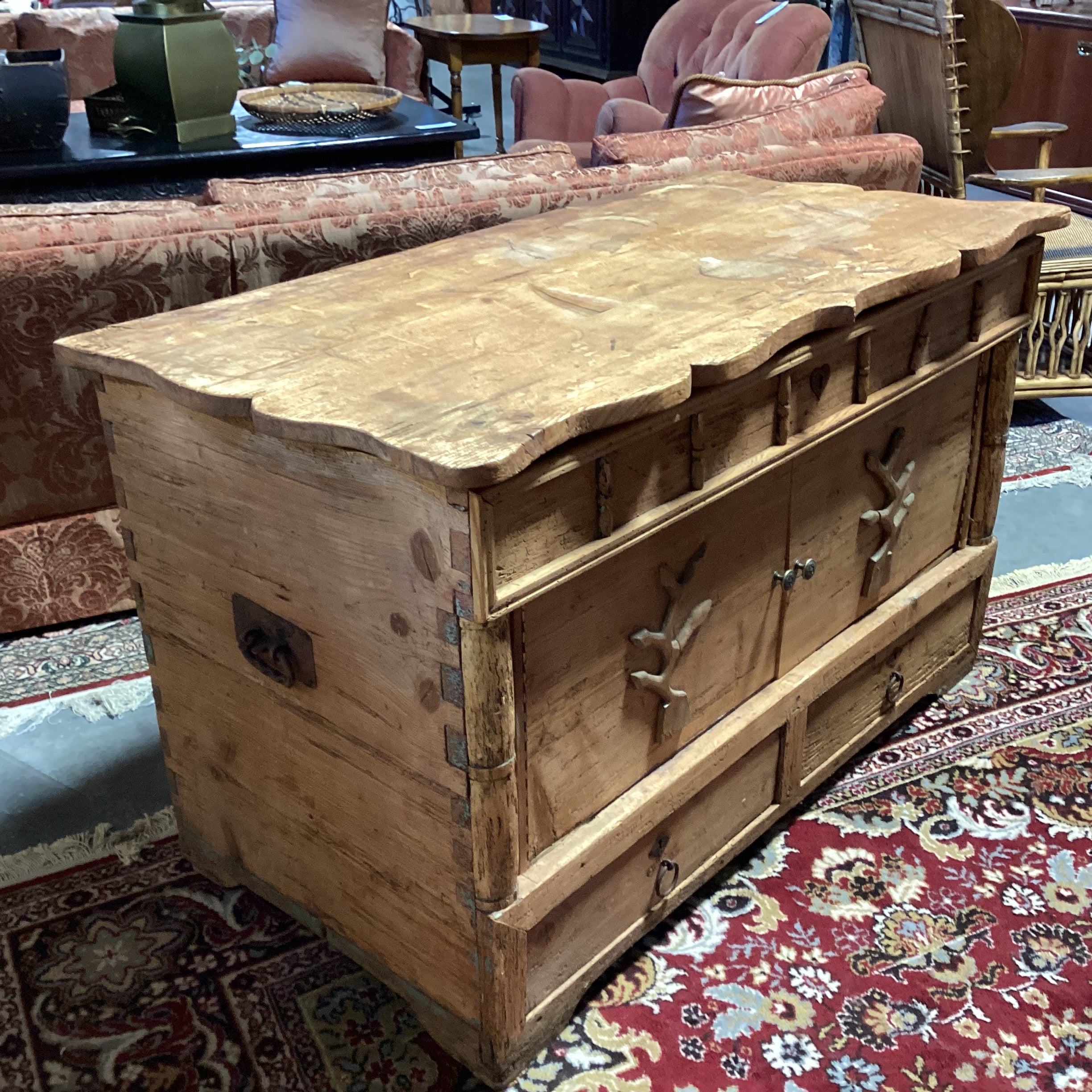 Antique Carved Pine with Repurposed Drawers Chest Trunk 52"x 28"x 33"