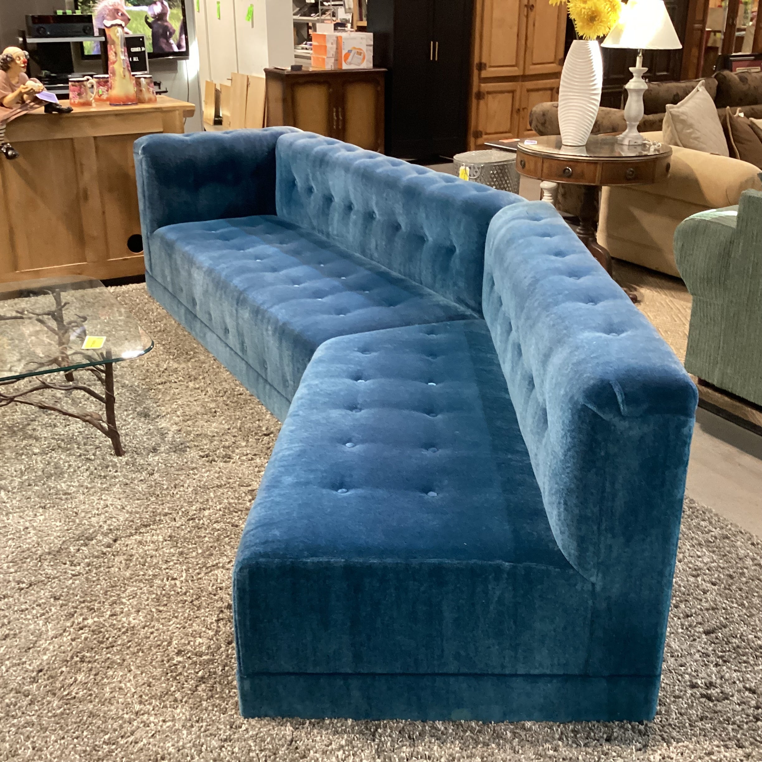 Custom Blue Teal Mohair with Button Tufting 2 Piece Angled Sectional 142"x 35"x 32"