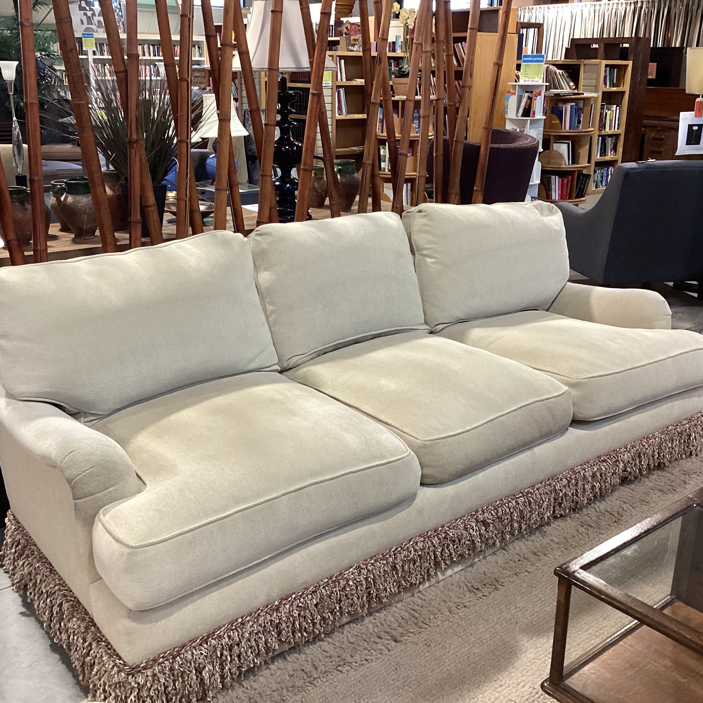 JJ Custom Cream Chenille Woven with Fringe Down Mix Sofa 96"x 42"x 31"