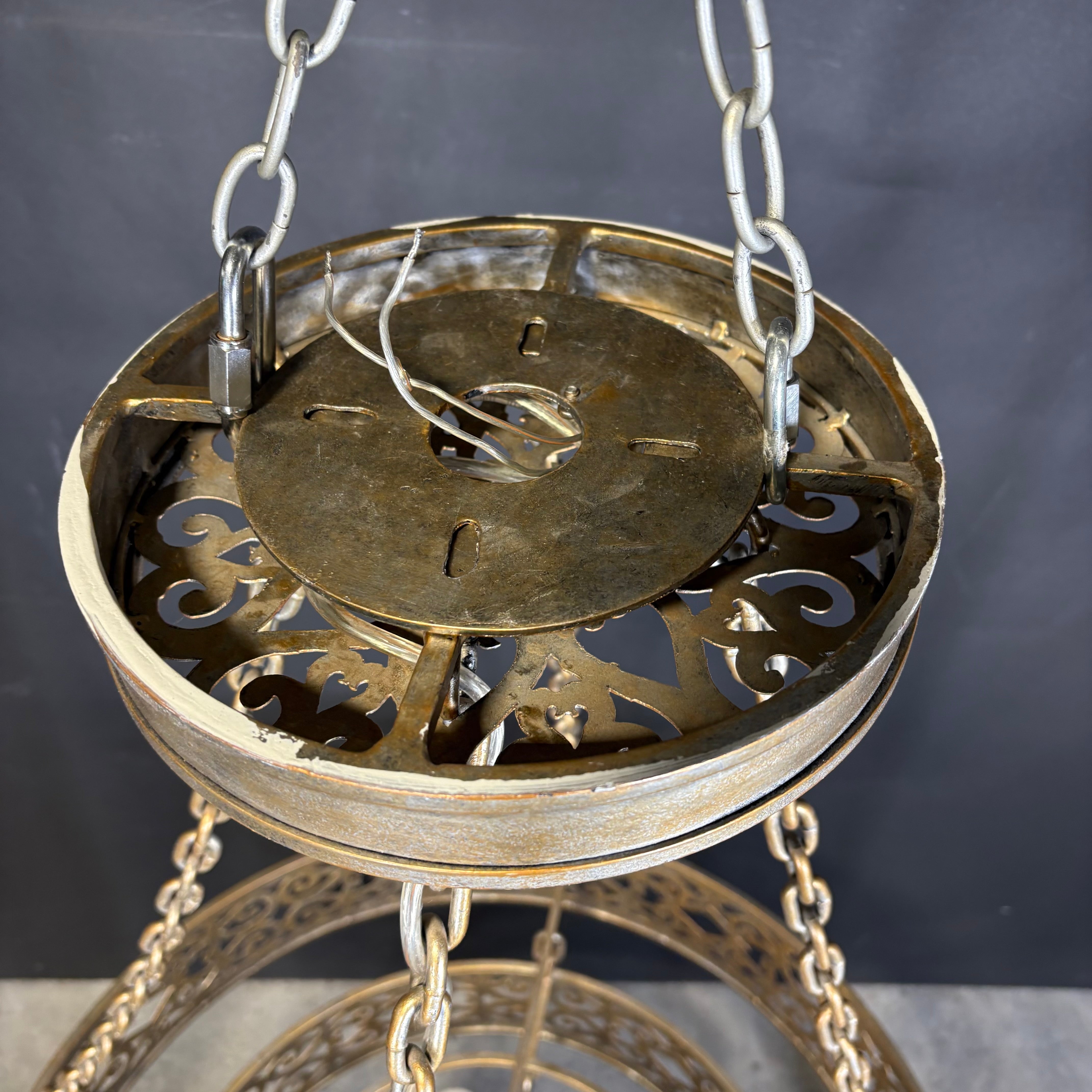 Horchow Moroccan Style 4-Light Tiered Gold Painted Ornate Pierced Metal Chandelier 30” Diameter x 45”