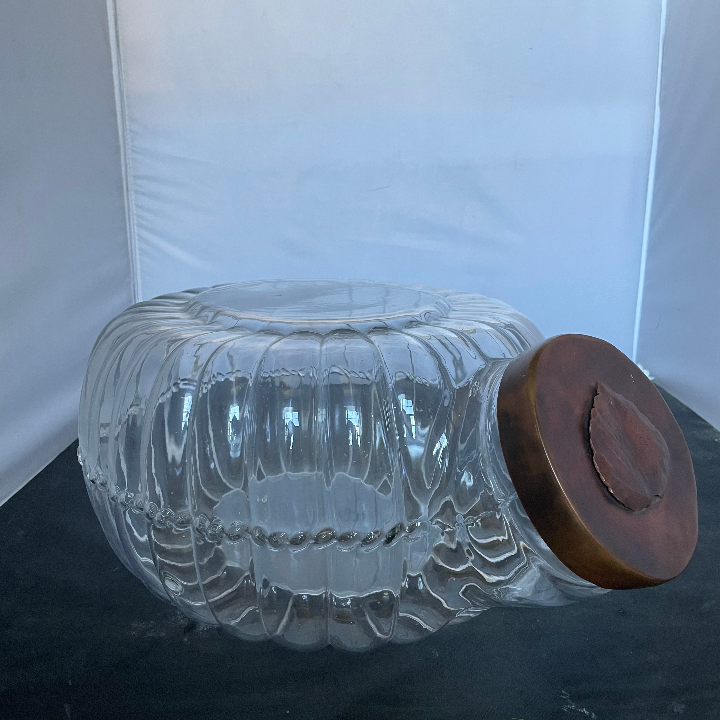Hoosier Style Ribbed Glass Storage Cannister with Copper Crafted Leaf Lid, 16"x 11"x 7"
