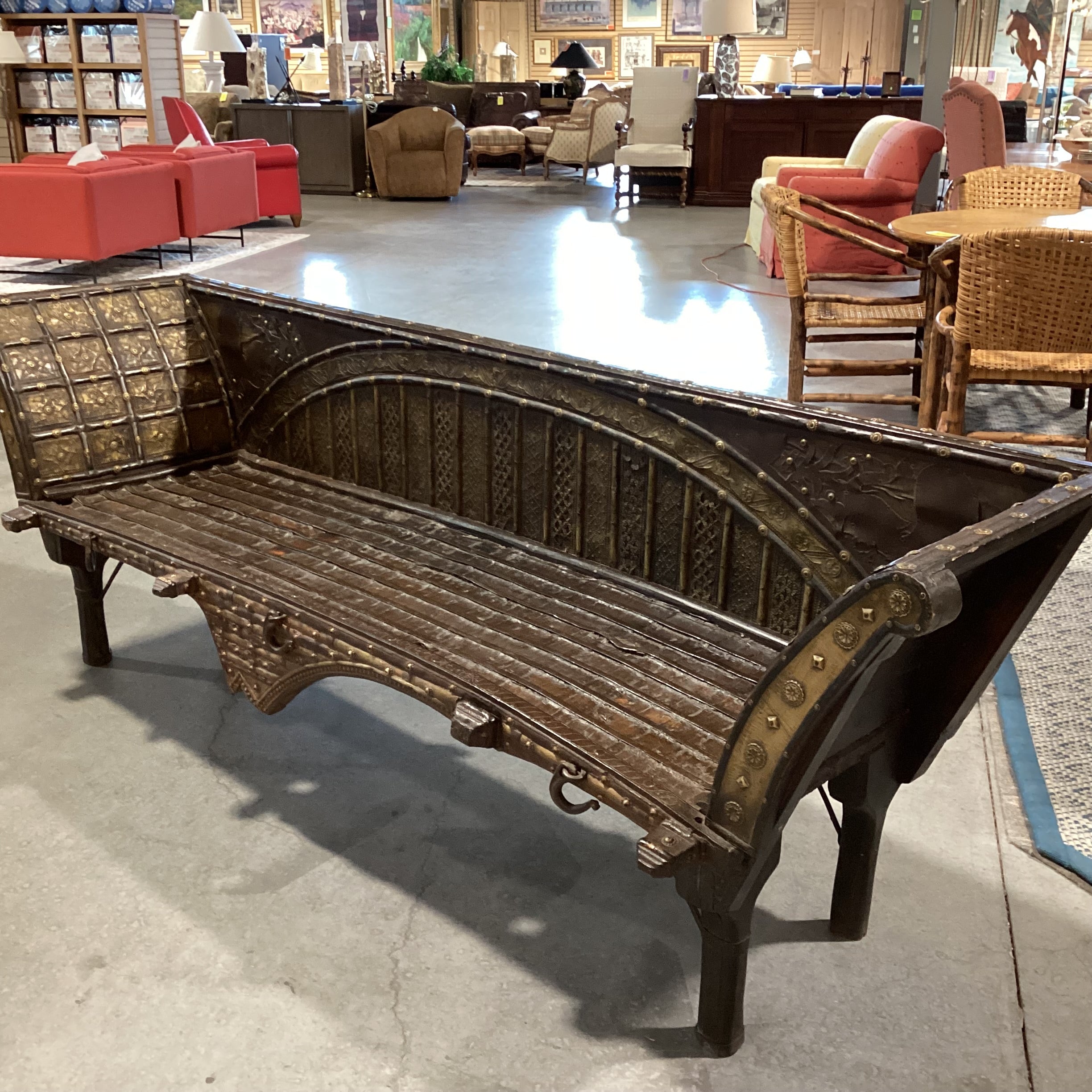 Antique Mogul or Bullock  OX Cart Wood Iron & Brass Bench 92"x 26"x 32"