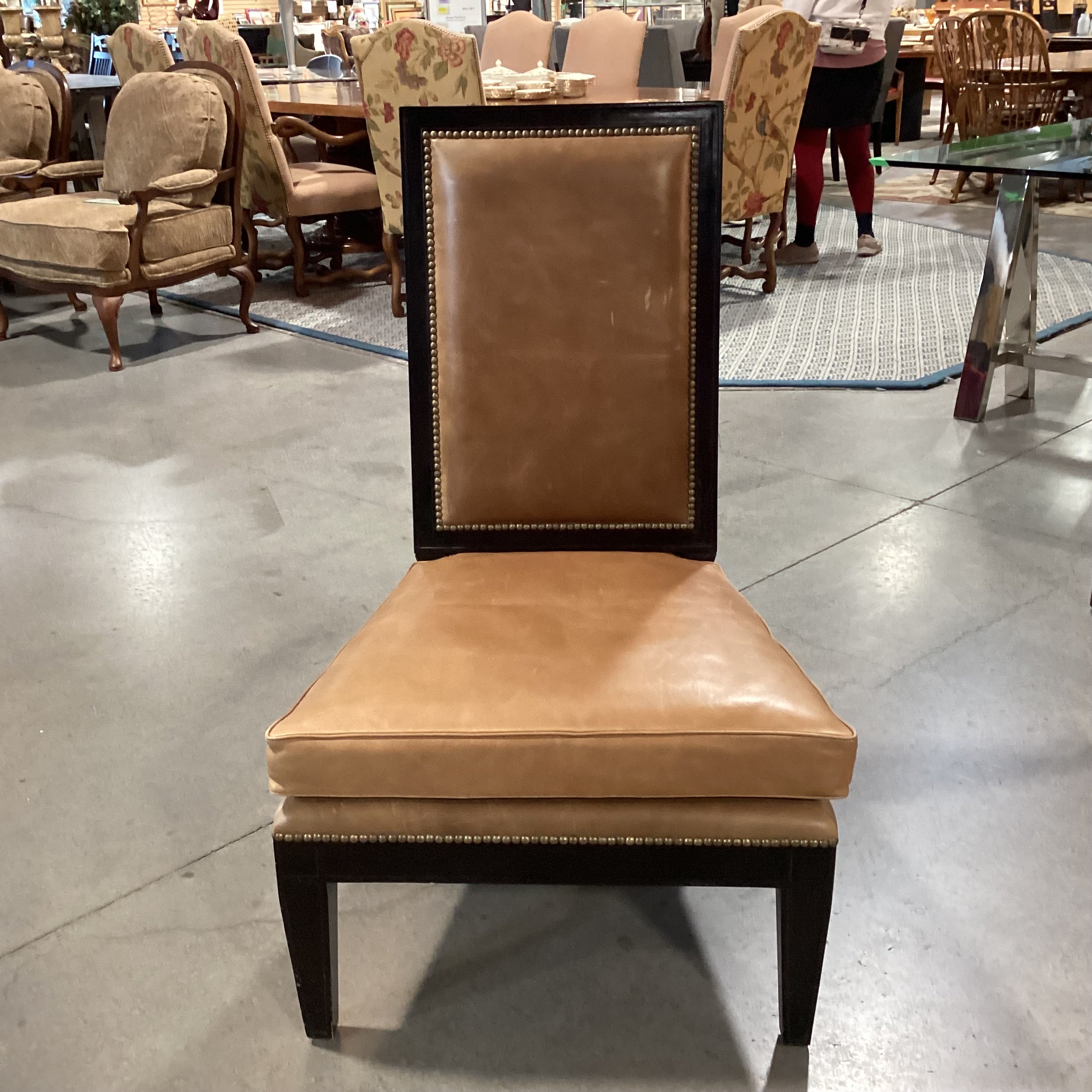 Tan Leather Nailhead & Black Wood Slipper Chair 27"x 27"x 42"