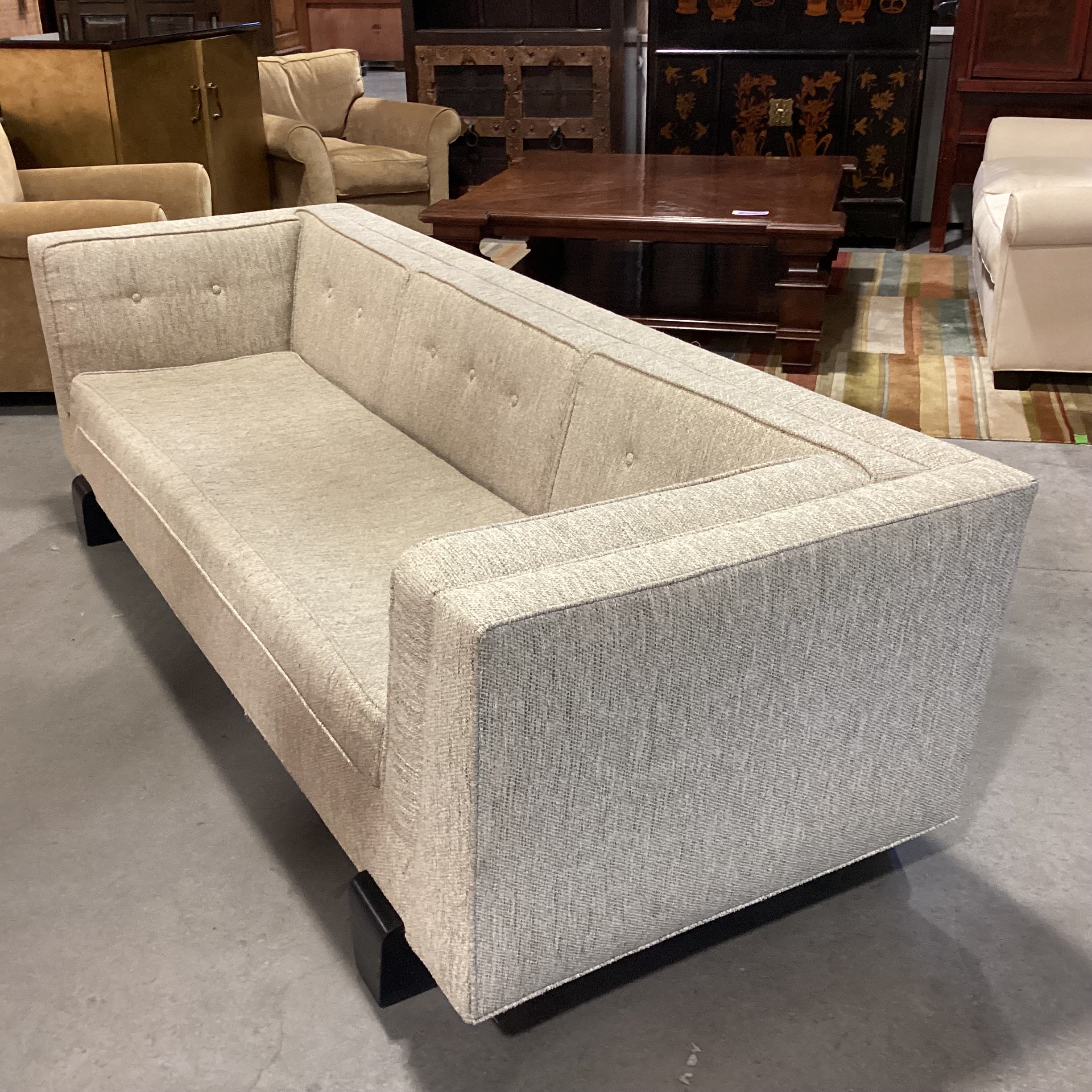 Vintage Asian Inspired Beige Woven Black Finished Wood Rail Base Sofa 98"x 37"x 29"