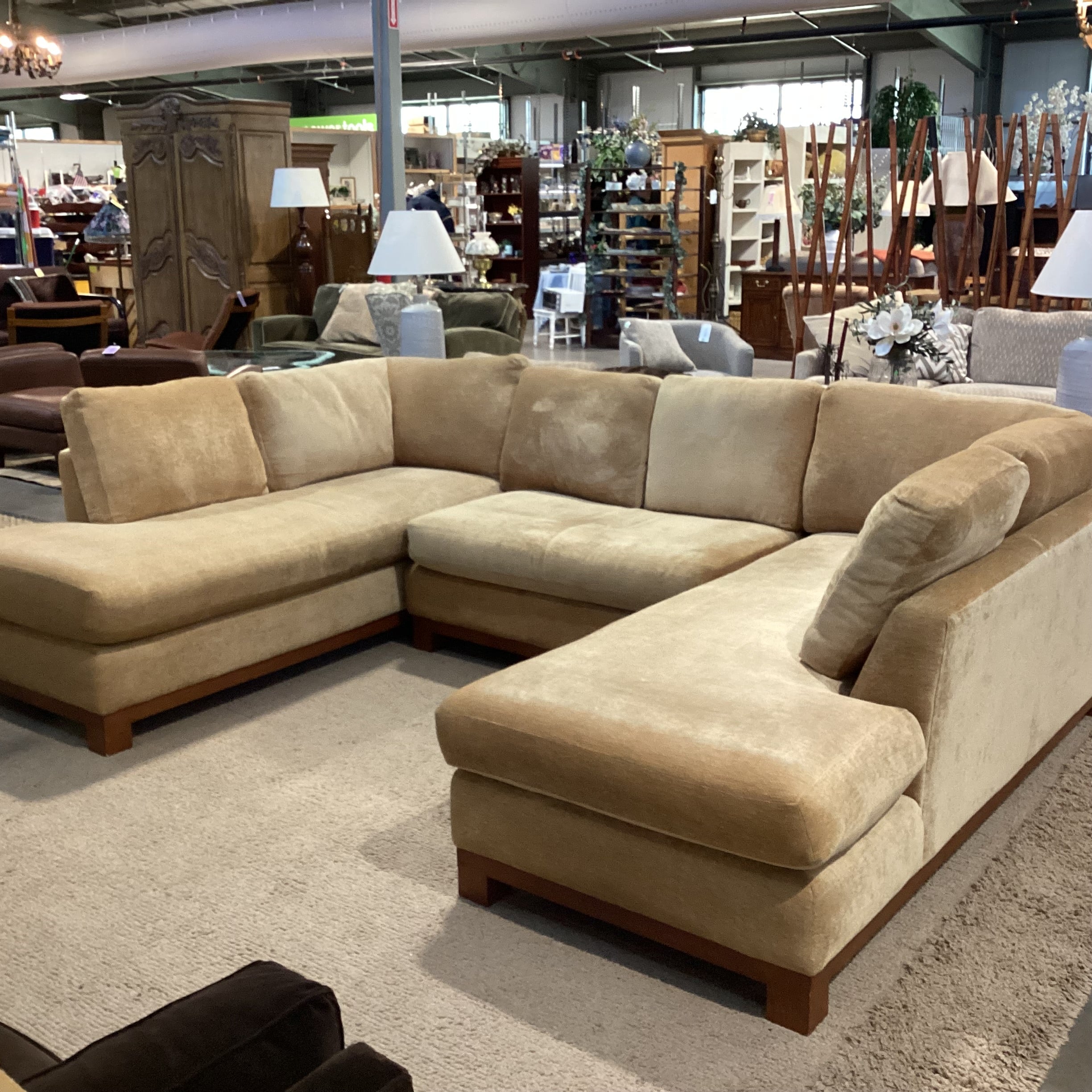 Golden Chenille Woven with Wood Base 3 Piece with End Chaises Sectional 84"x 121"x 84"x 37"x 28"