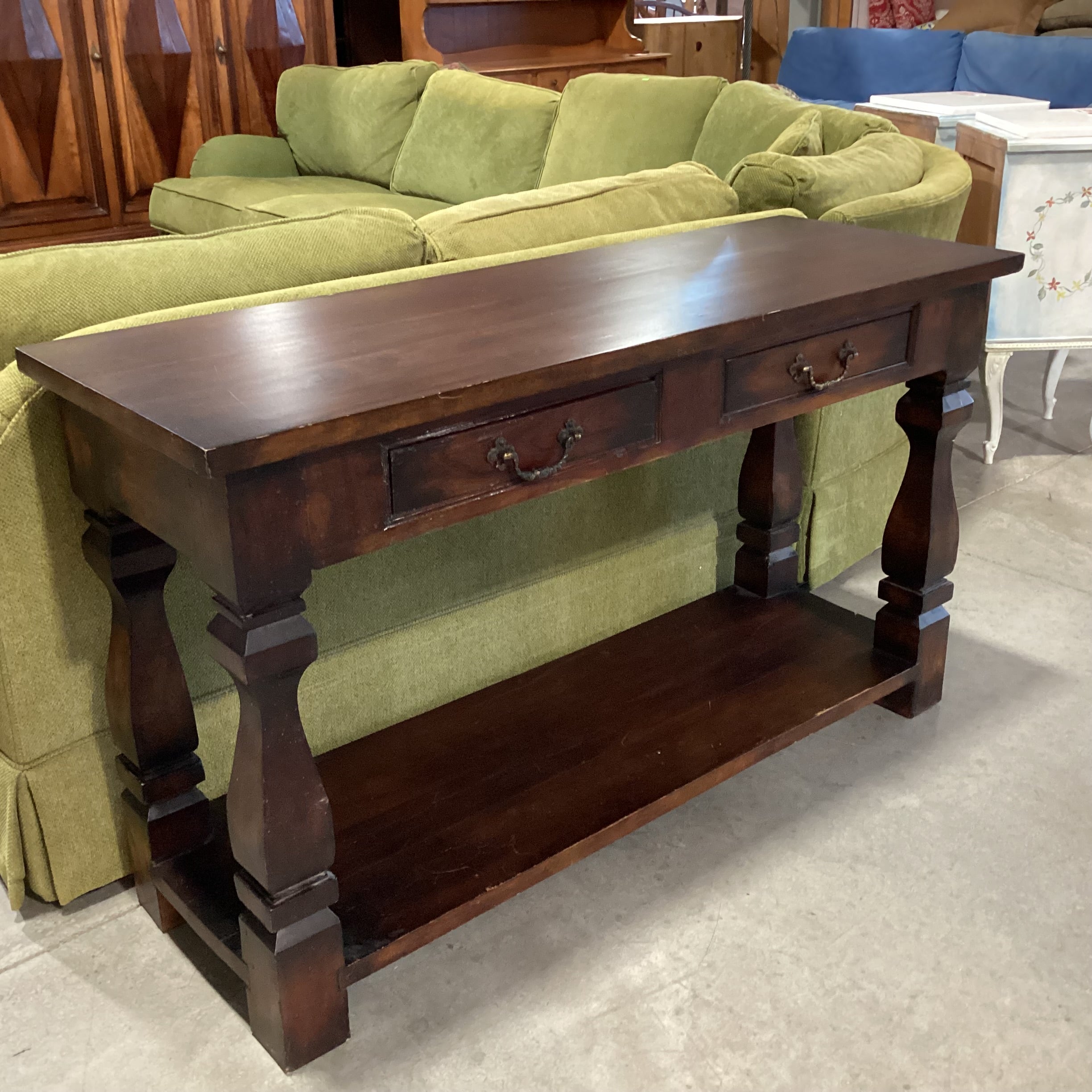 Solid Dark Finish Wood Carved Legs 2 Drawer & Bottom Shelf Console Sofa Table 52"x 18"x 30"
