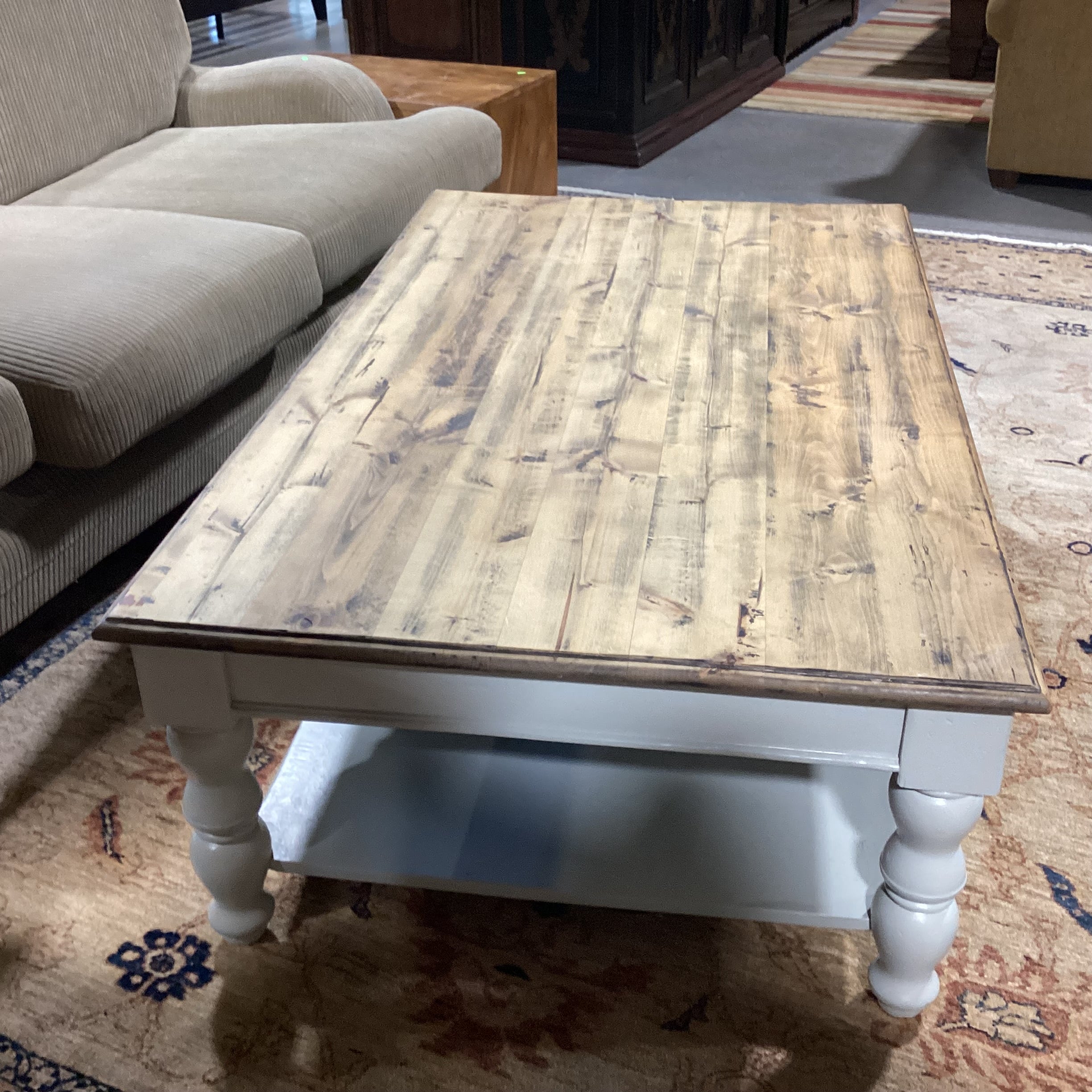 Rustic Distressed Plank Top & Dove Grey Carved Wood Coffee Table 60"x 36"x 19"