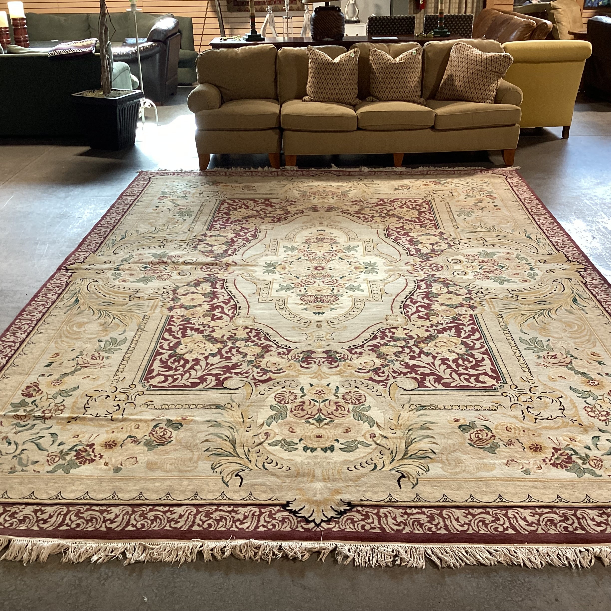 Cream Gold Burgundy & Green Floral Woven Wool Rug 10' x 14'