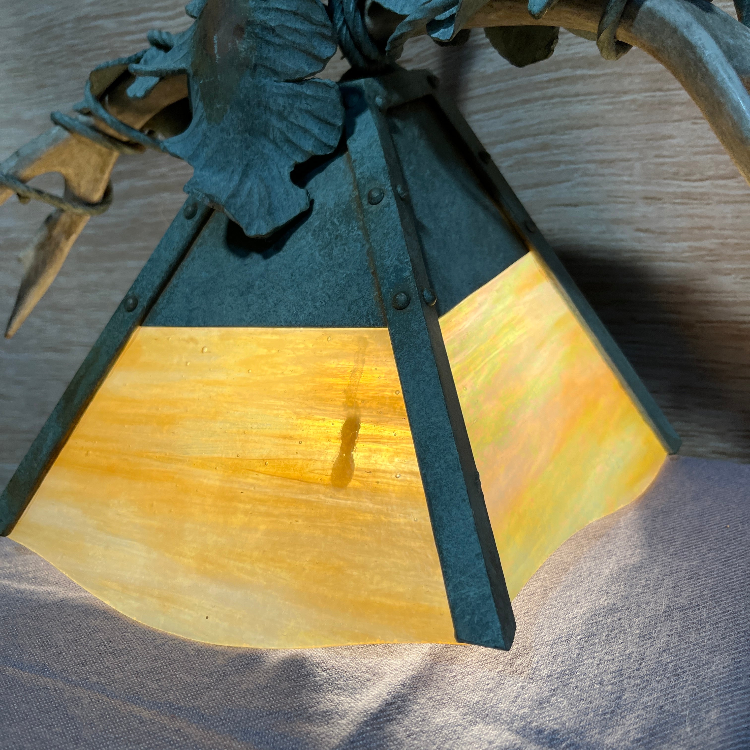 Custom Rustic 1-Light Iron Leaf and 2 Antler with Iridescent Amber Glass Shade Wall Sconce 17"x 13"x 7"