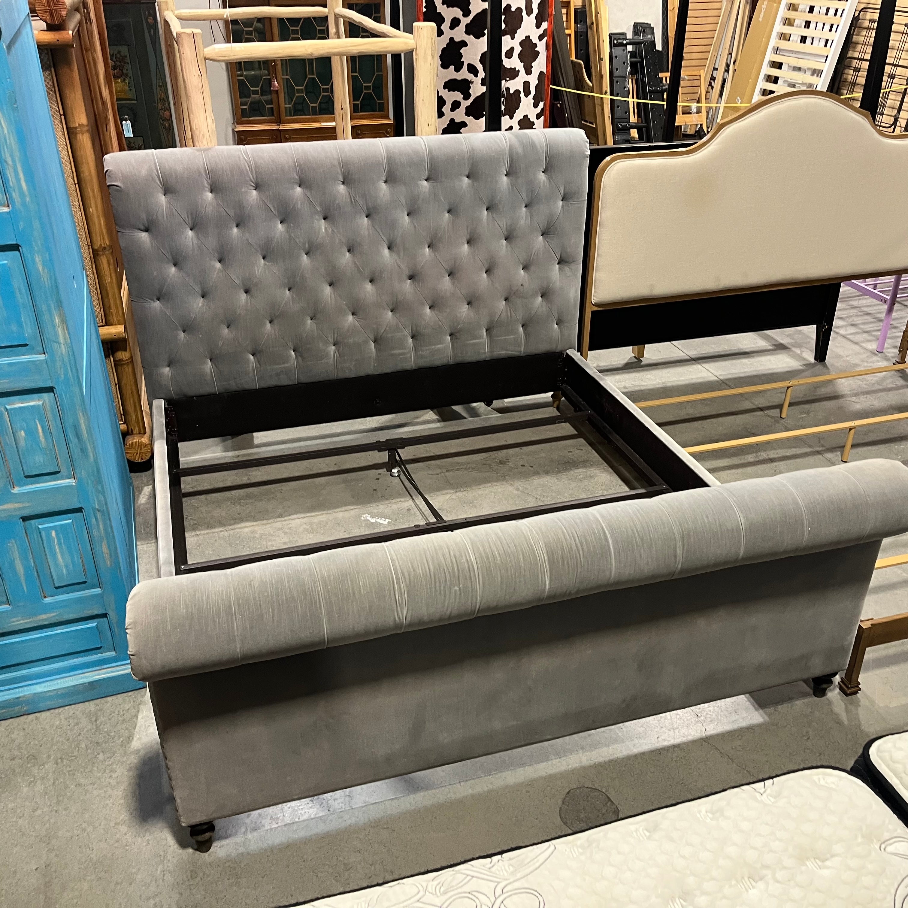 KING Grey Linen Nail Head Slay Style Bed Set