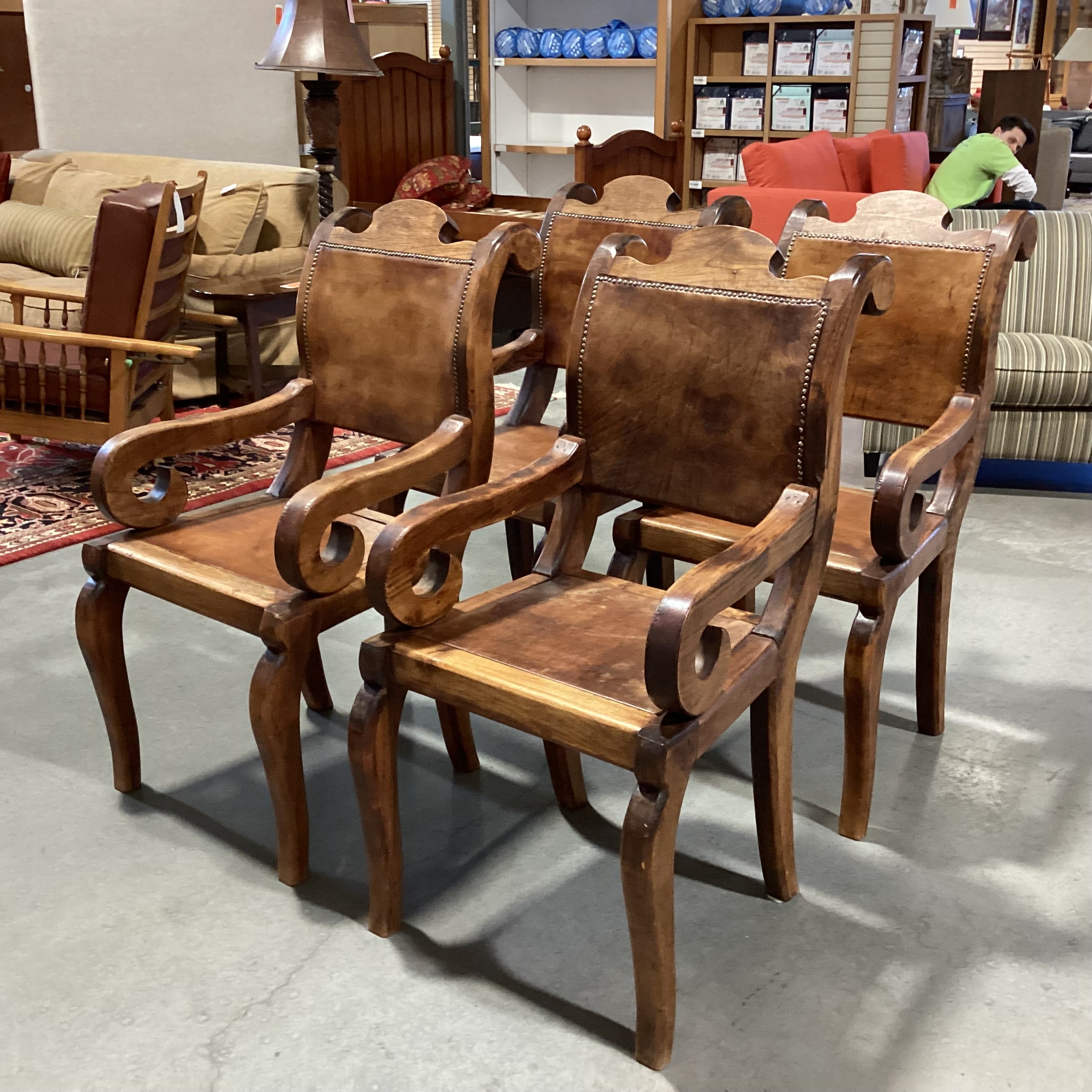 SET of 4 Rustic Distressed Carved Wood & Leather Nailhead Scroll Arm Dining Chairs 22"x 28"x 41"