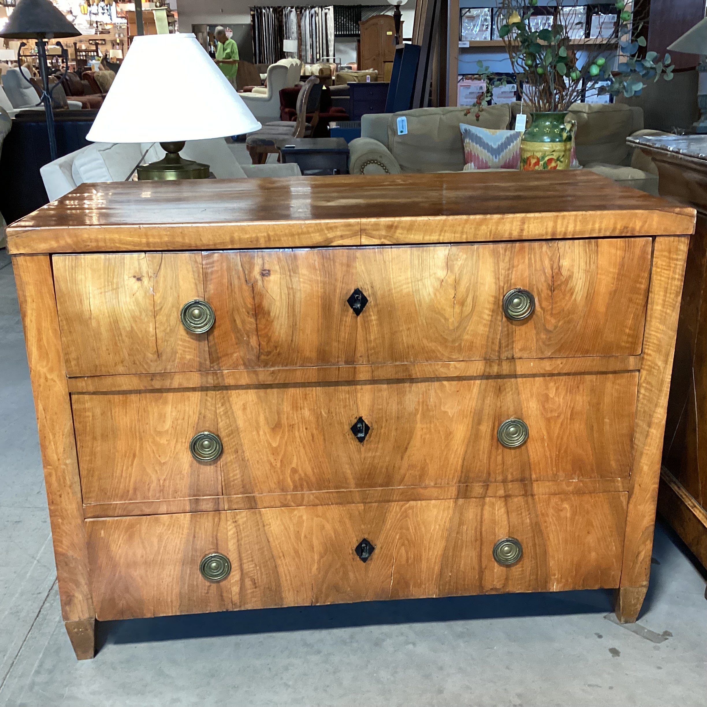 Antique Wood & Veneer 3 Drawer Keyhole Accent Chest 48.5"x 23"x 35.5"