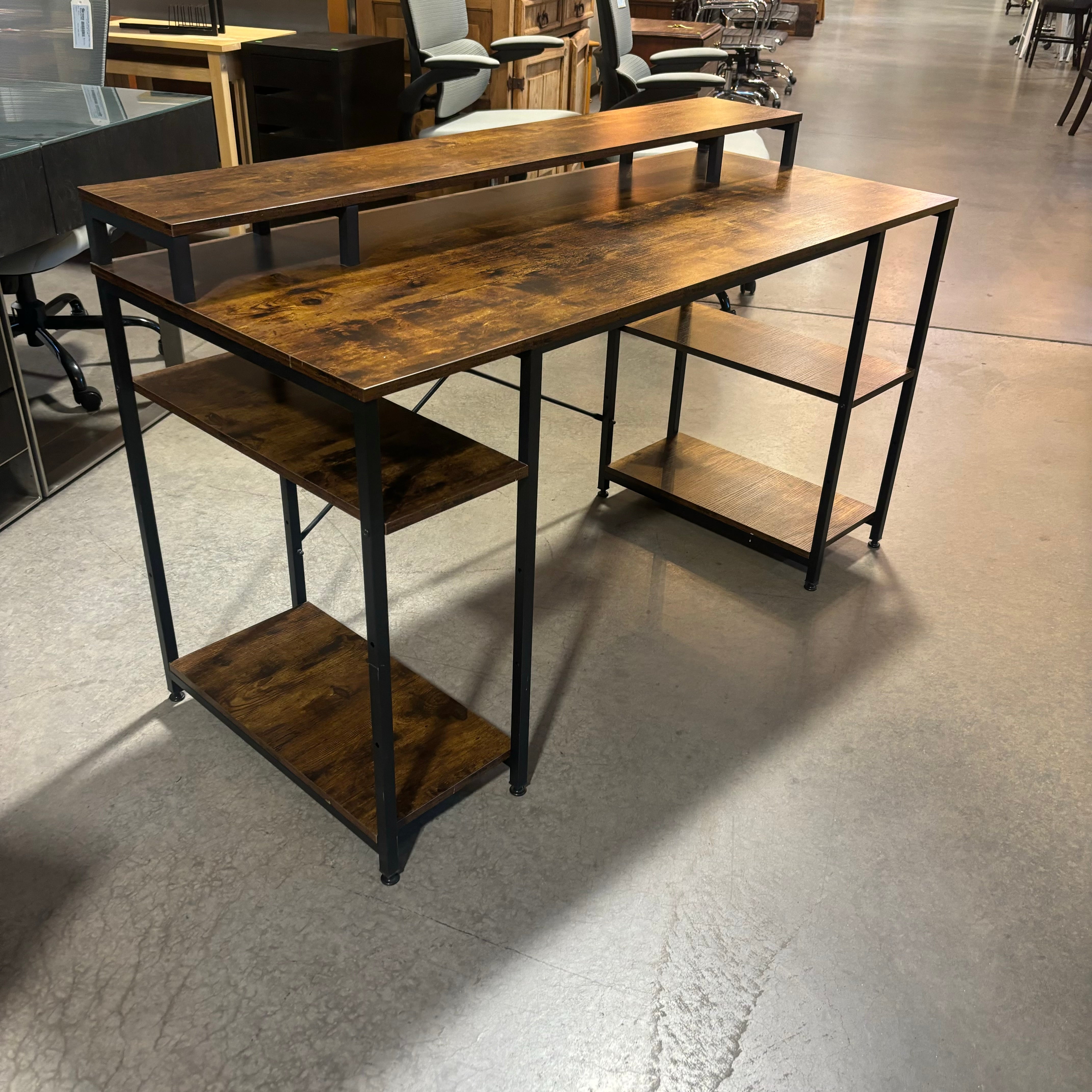 Wood Style Laminate with Metal Legs 4 Shelves & Multi Surface Top Desk 55.5"x 23.5"x 34"