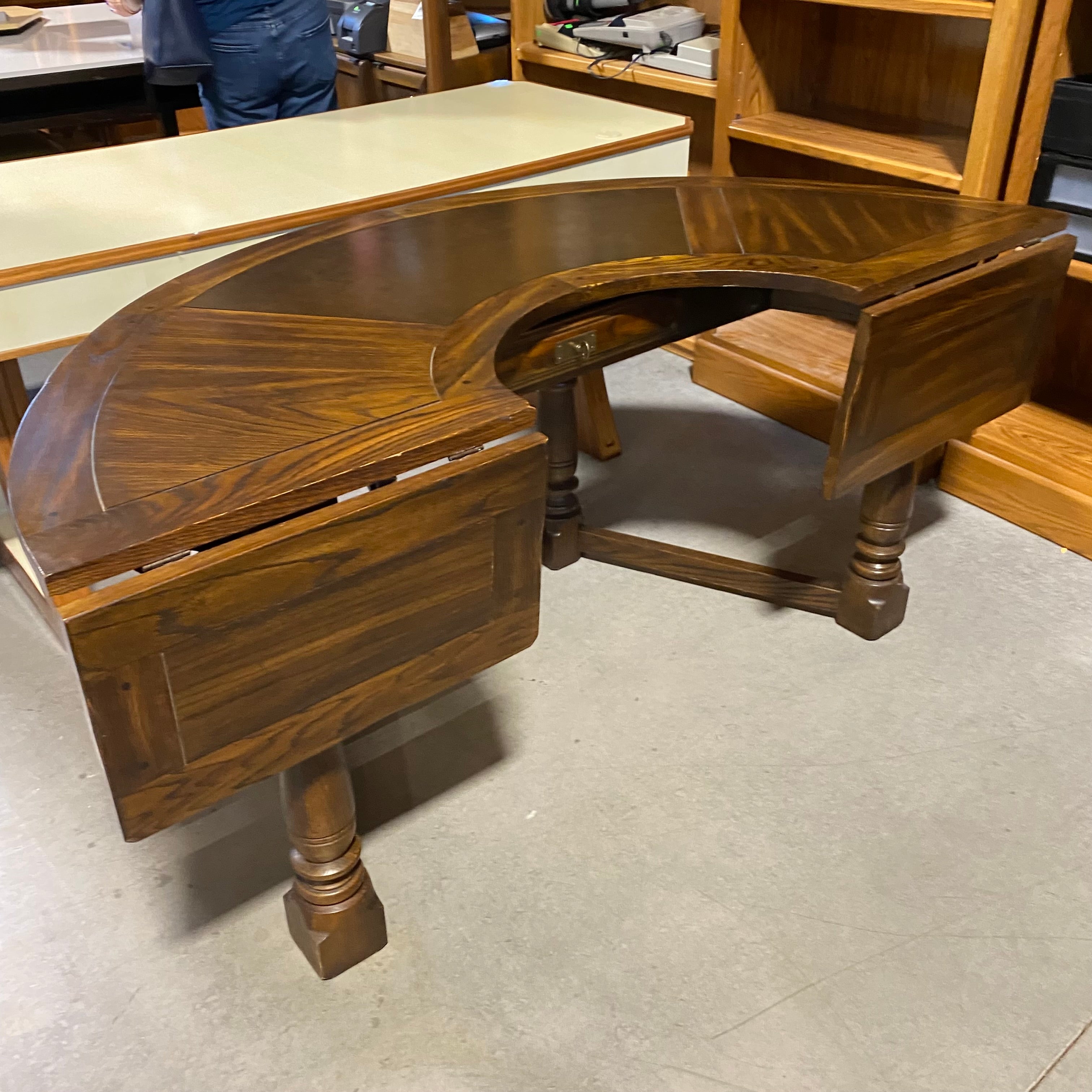 Dark Finish Solid Wood Inlaid Top 1 Drawer U-Shaped Extendable Desk 65.5"x 32" Extends to 44"x 30"to 44"