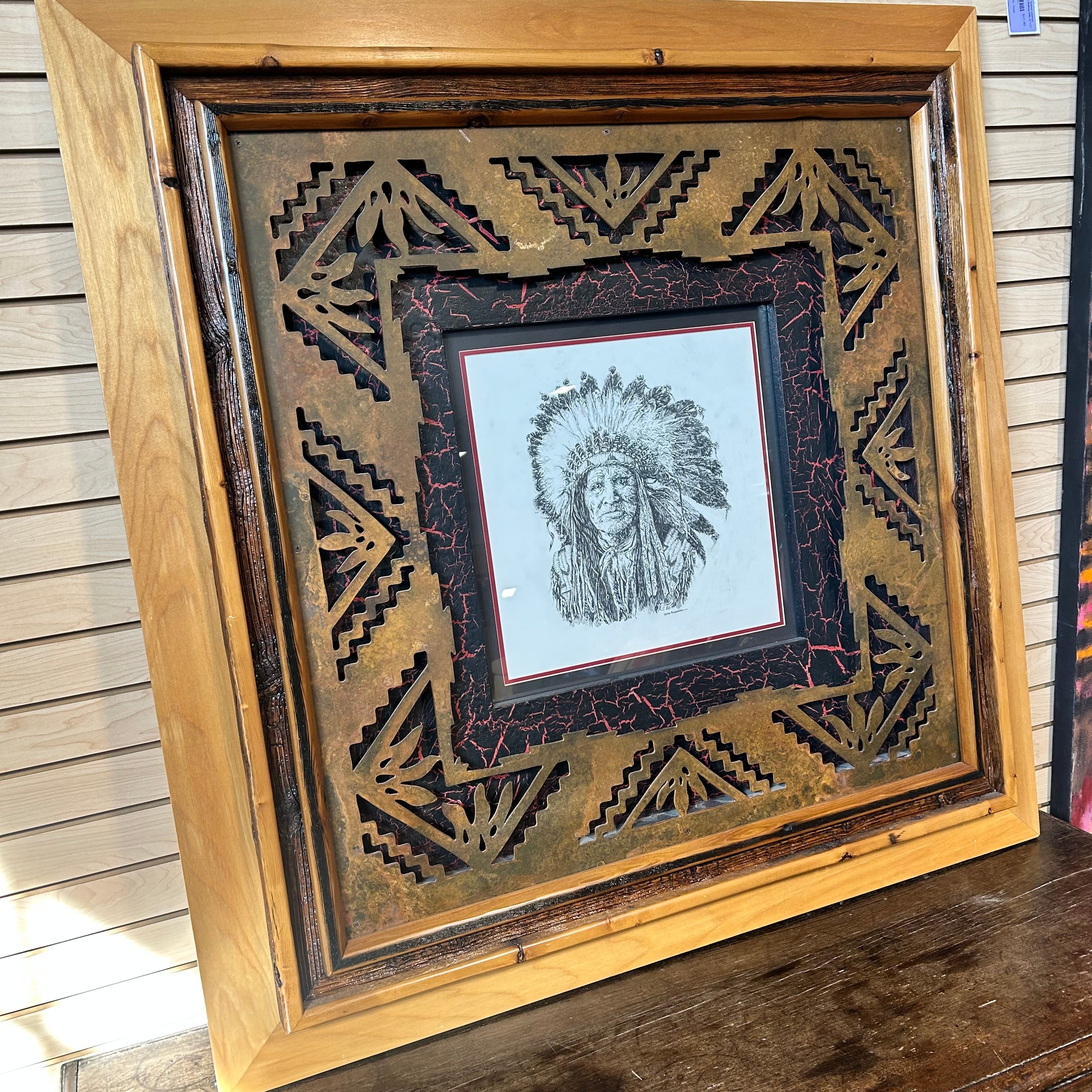 Kieth Rookwood Pencil Drawing Of A Native American Chief With One Of A Kind Custom Frame Made From Pine Wood Laser Cut Iron And Acrylic Crackel Backing 48"x 48"
