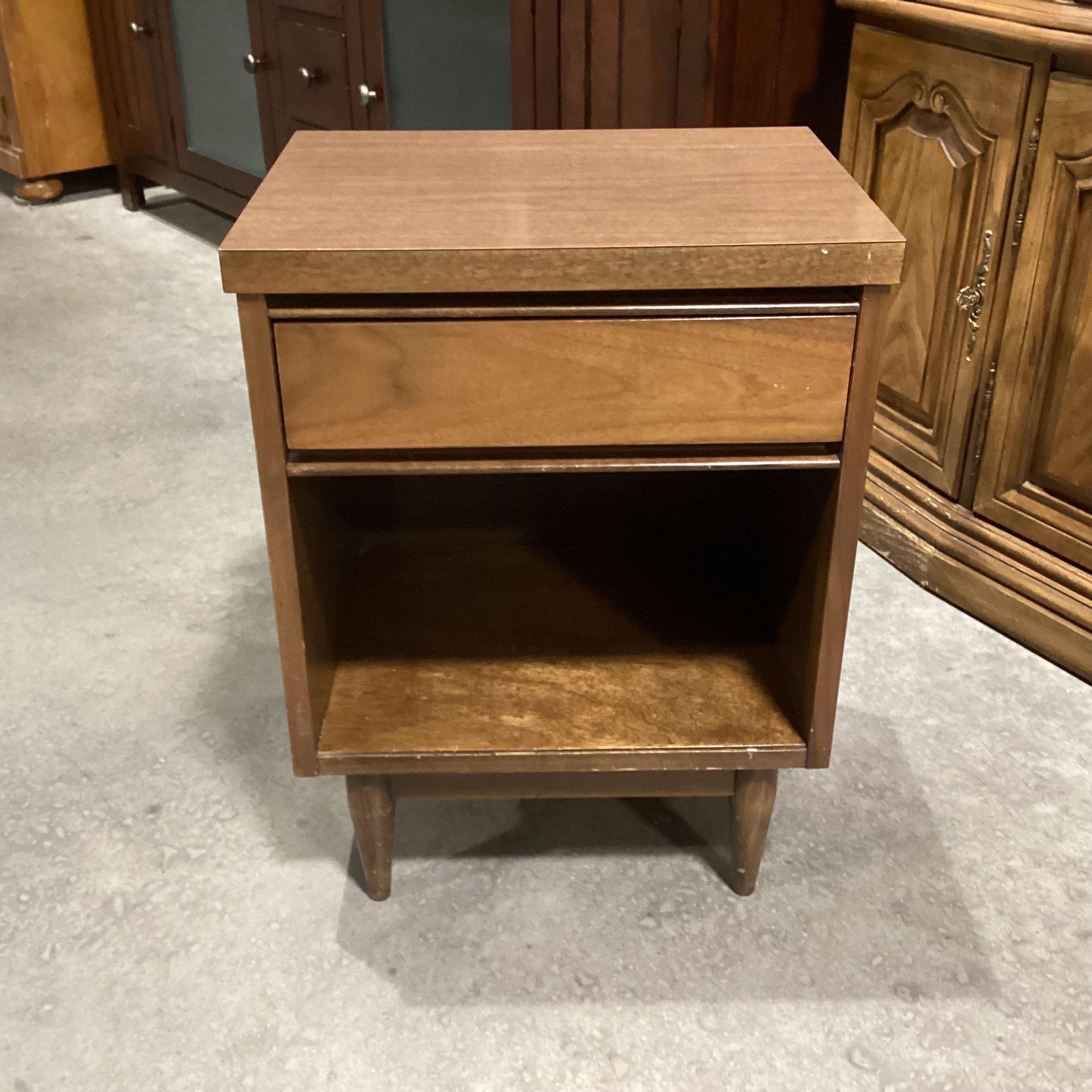Mid Century Walnut & Veneer 1 Drawer Nightstand 18"x 14"x 24"