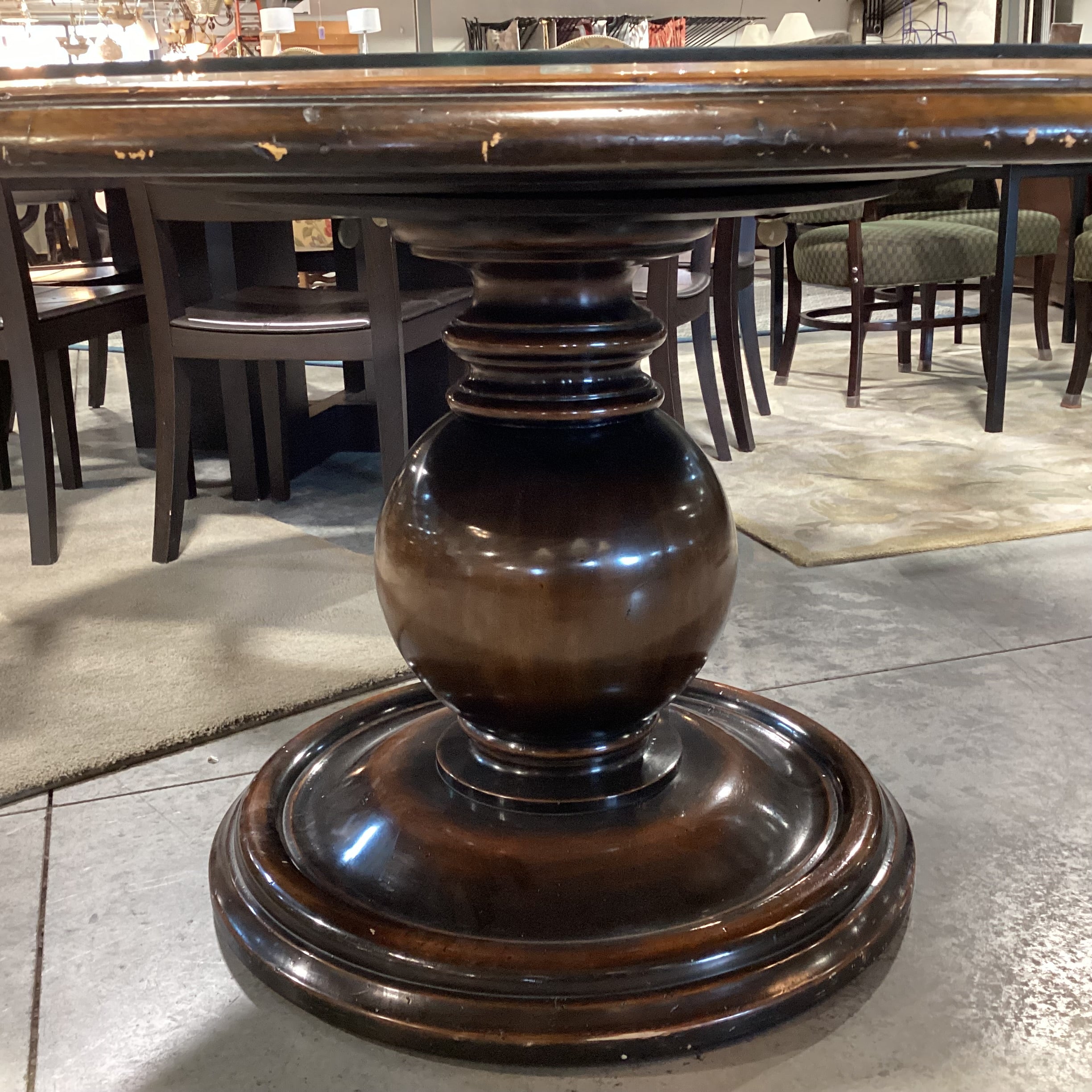 Carved Distressed Finish with Ornate Pedestal & Glass Top Round Dining Table 60" Diameter x 30"