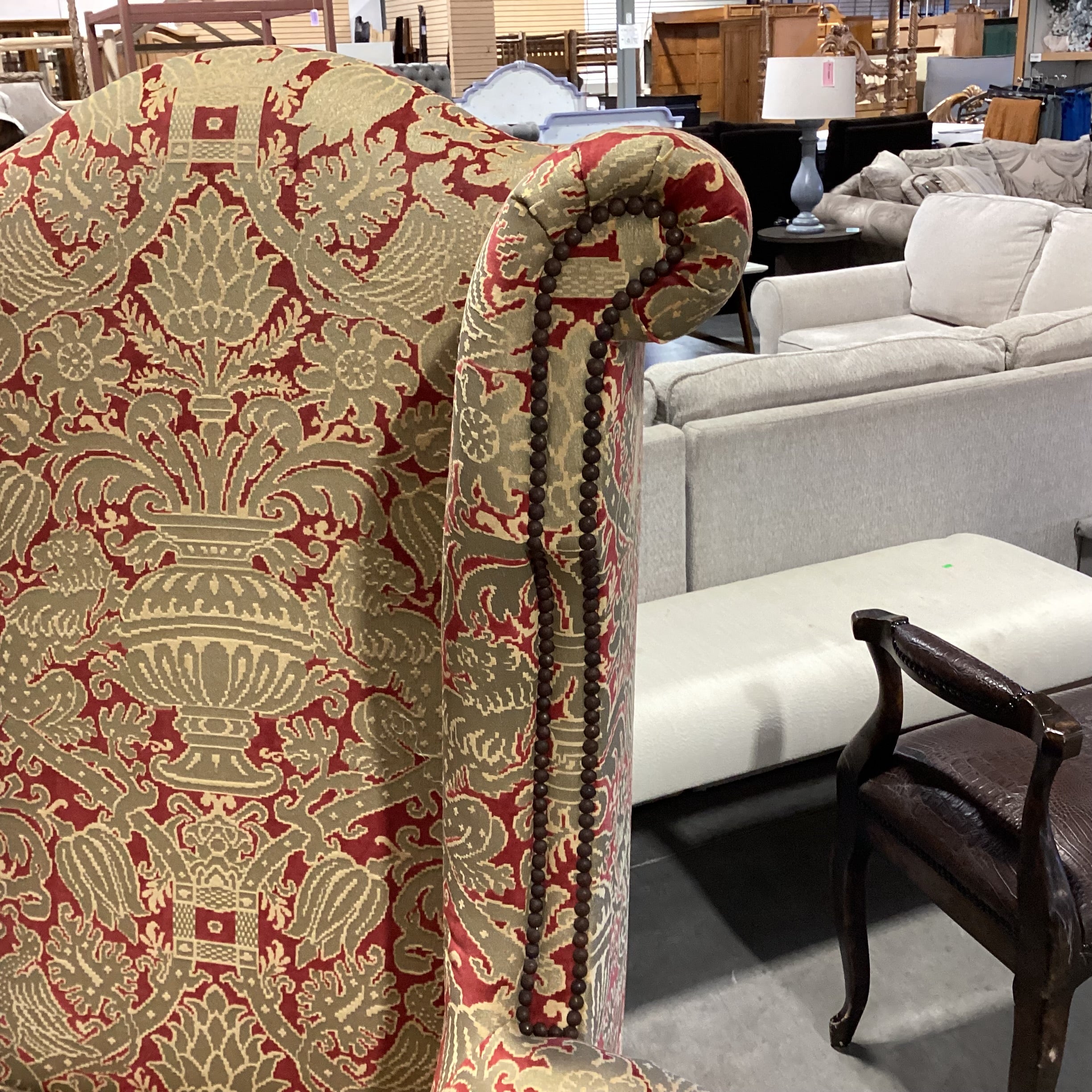 Lee Jofa Gold & Red Raised Design Nailhead Roll Arm & Wing with Carved Wood Base Chair 44"x 36"x 56"